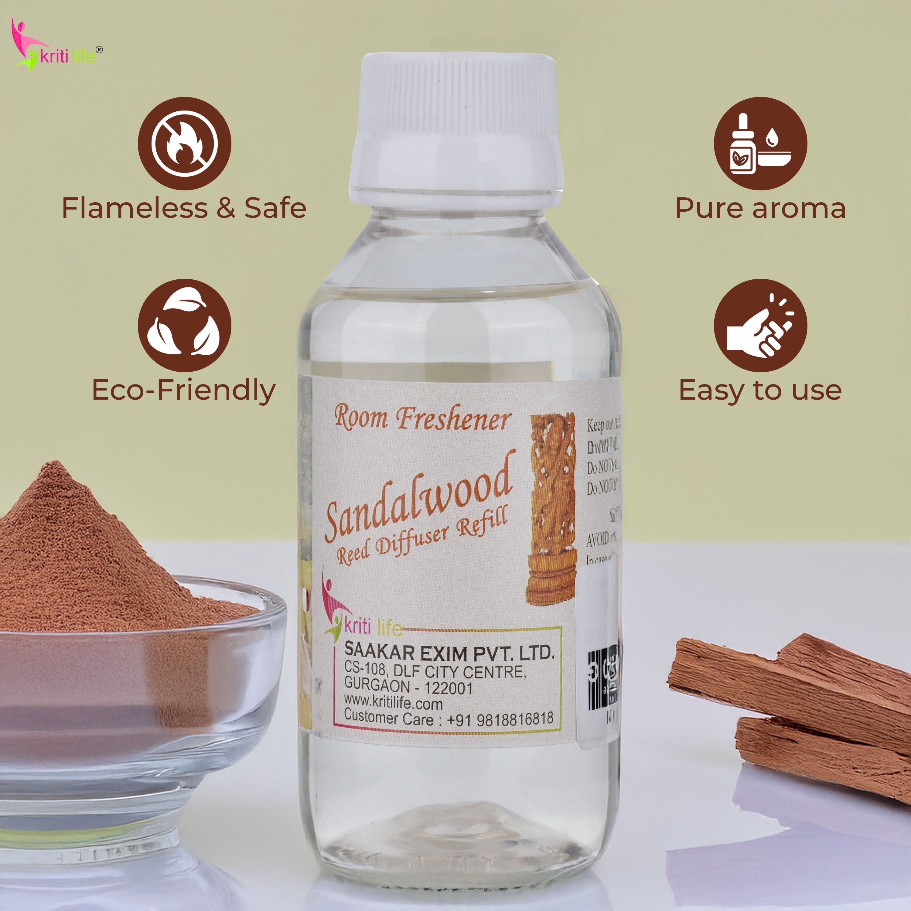 Kriti Life Reed Diffuser Refill - Sandalwood 90ML Long-Lasting Room Fragrance