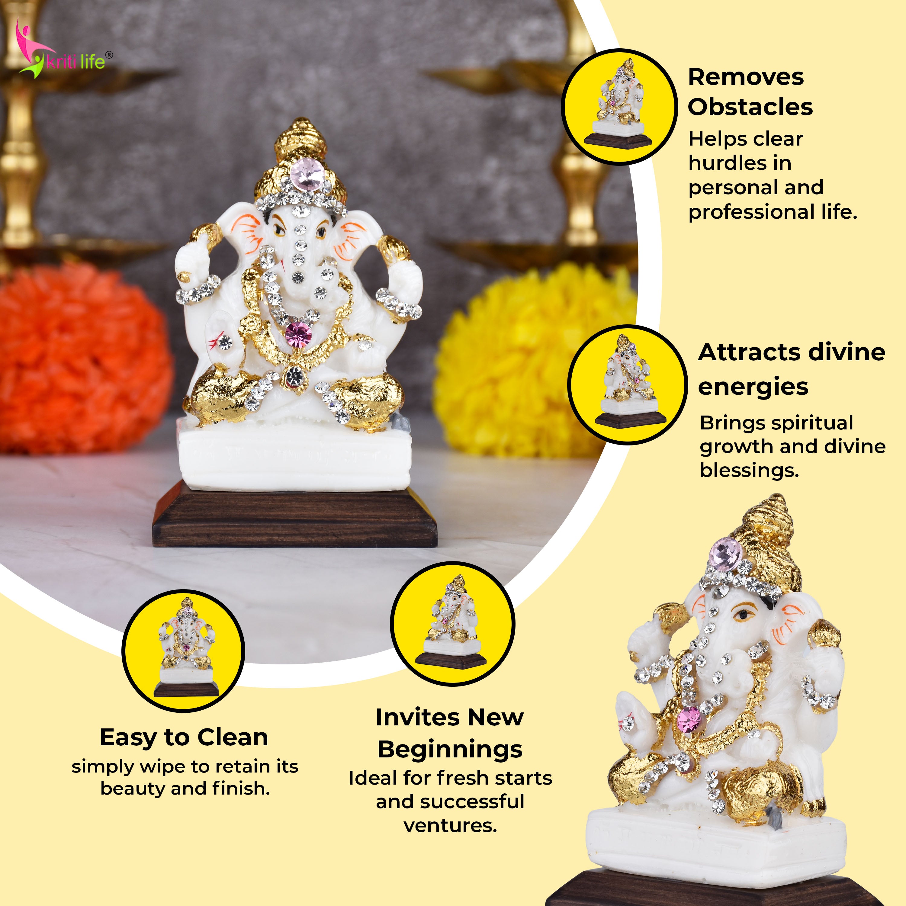Lord Ganesha Idol with Decorative Stones – 3.5 inches - White & Gold Polyresin Statue for Home & Office