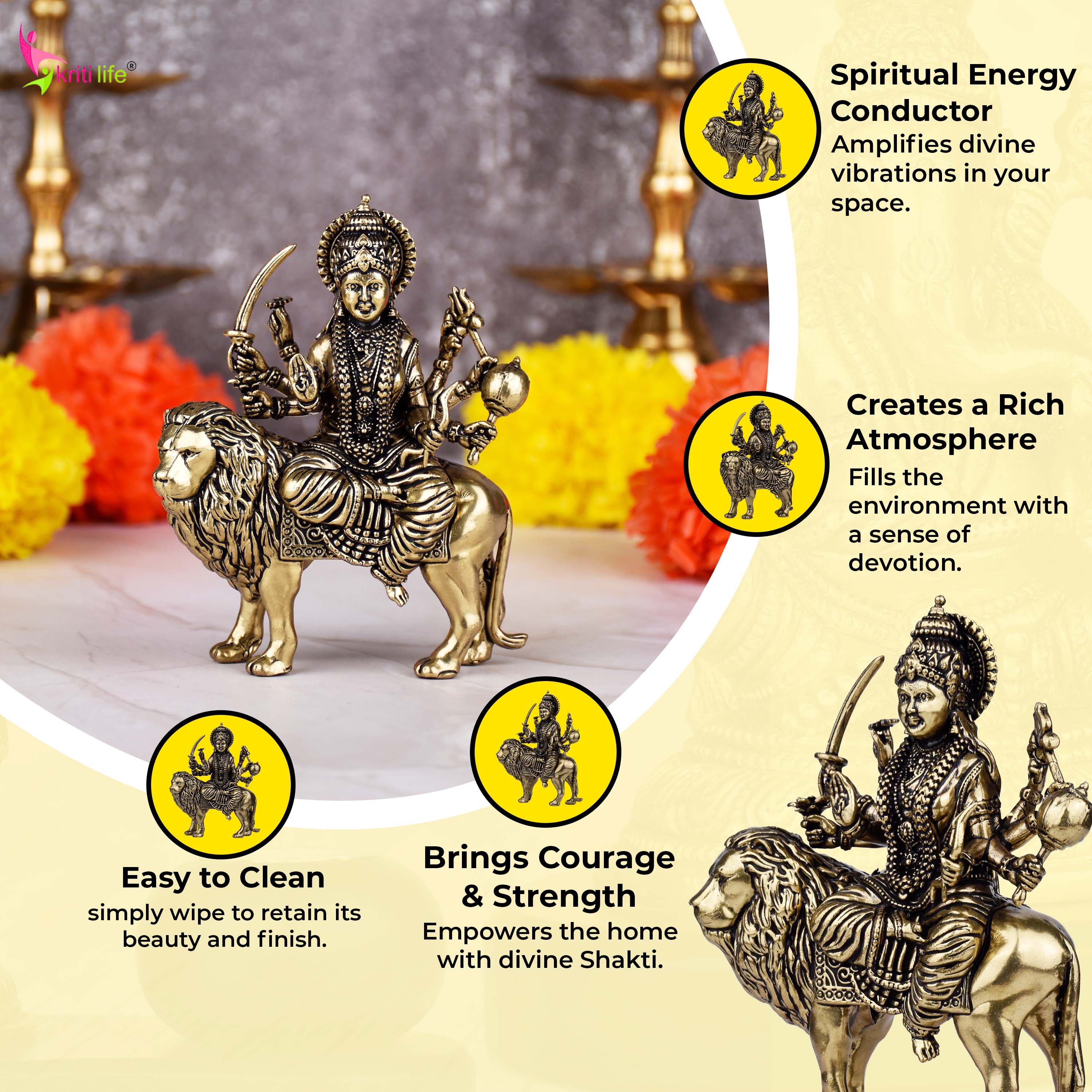 Brass Goddess Durga Idol on Lion | 3 inches | Handcrafted Divine Shakti Statue for Home Temple