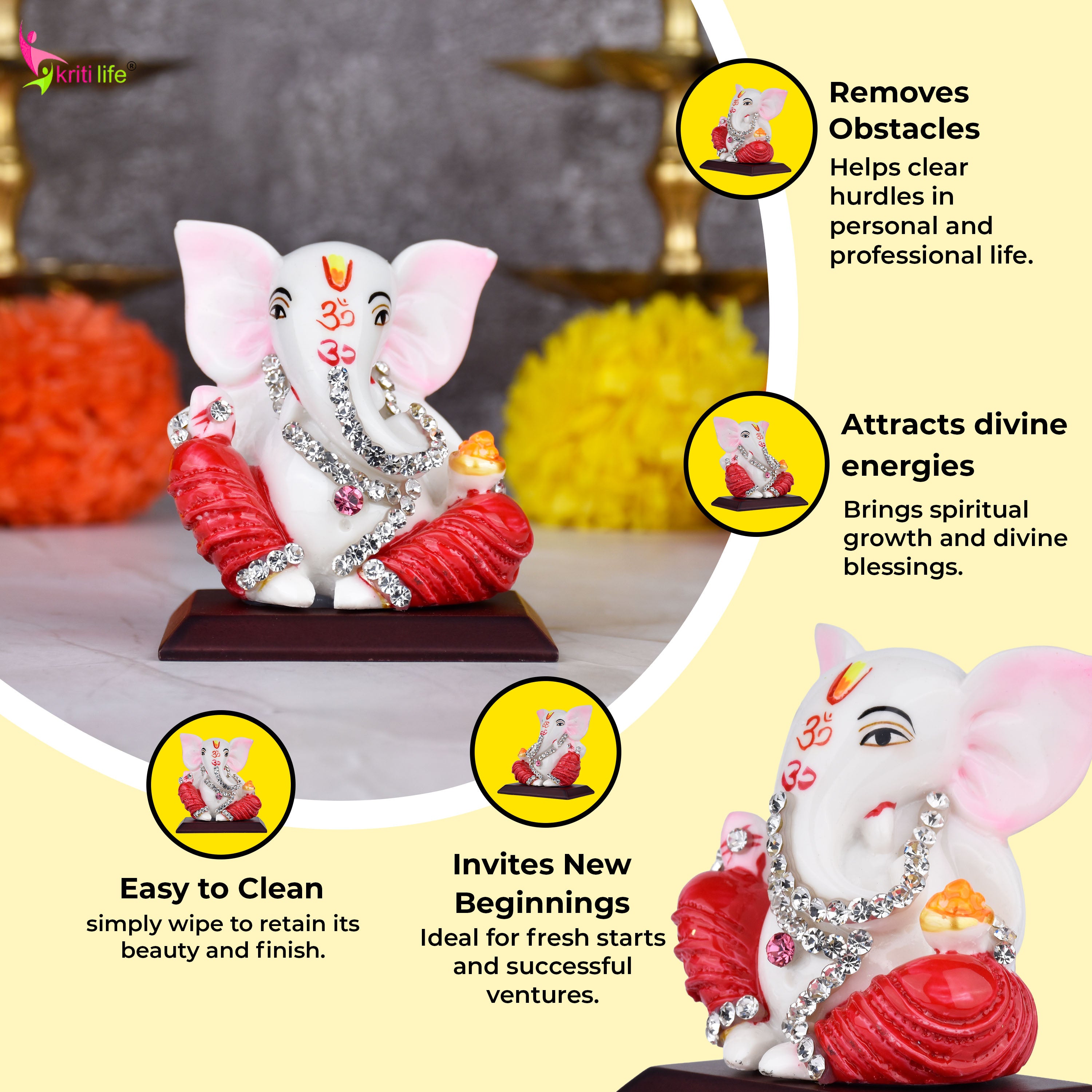 Lord Ganesha Idol with Red Attire & Diamond Embellishments – Polyresin Murti for Home, Car, and Gift | 2.5 inches