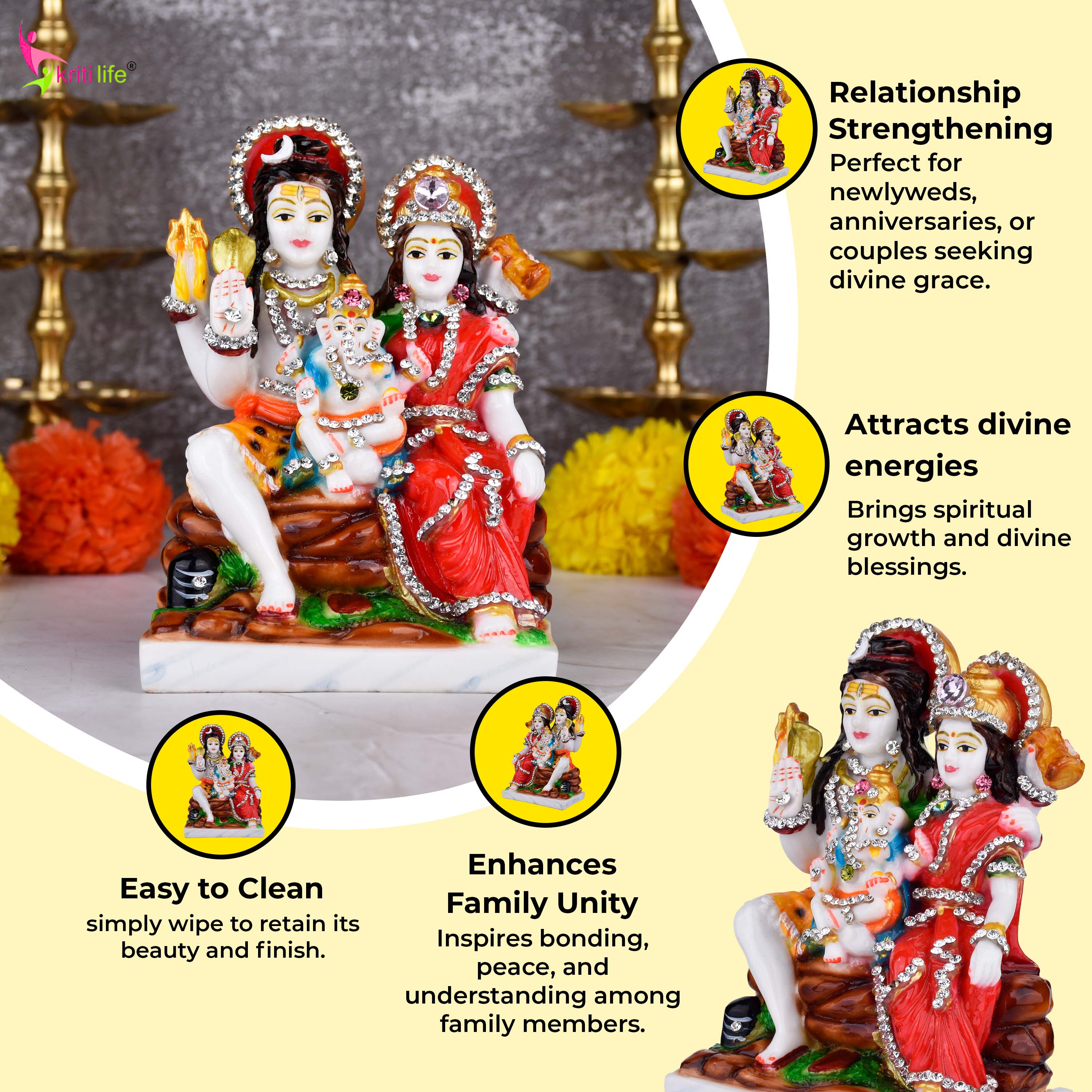 Shiva Parivar Idol | 6 inches | Polyresin Lord Shiva, Parvati & Ganesha Statue with Decorative Stonework