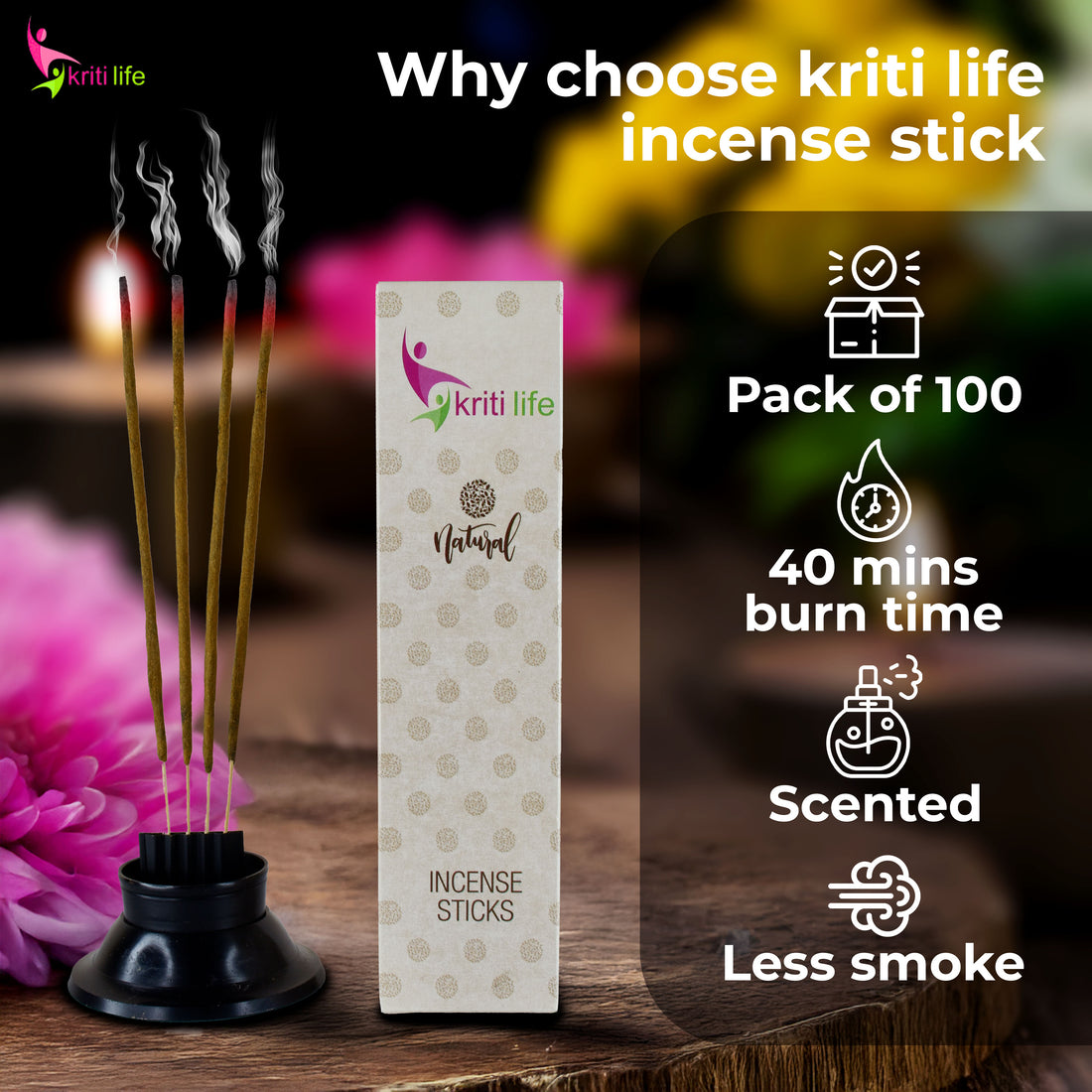 Kriti Life Incense Sticks - Mogra 100 Pcs Perfect for Puja &amp; Relaxation