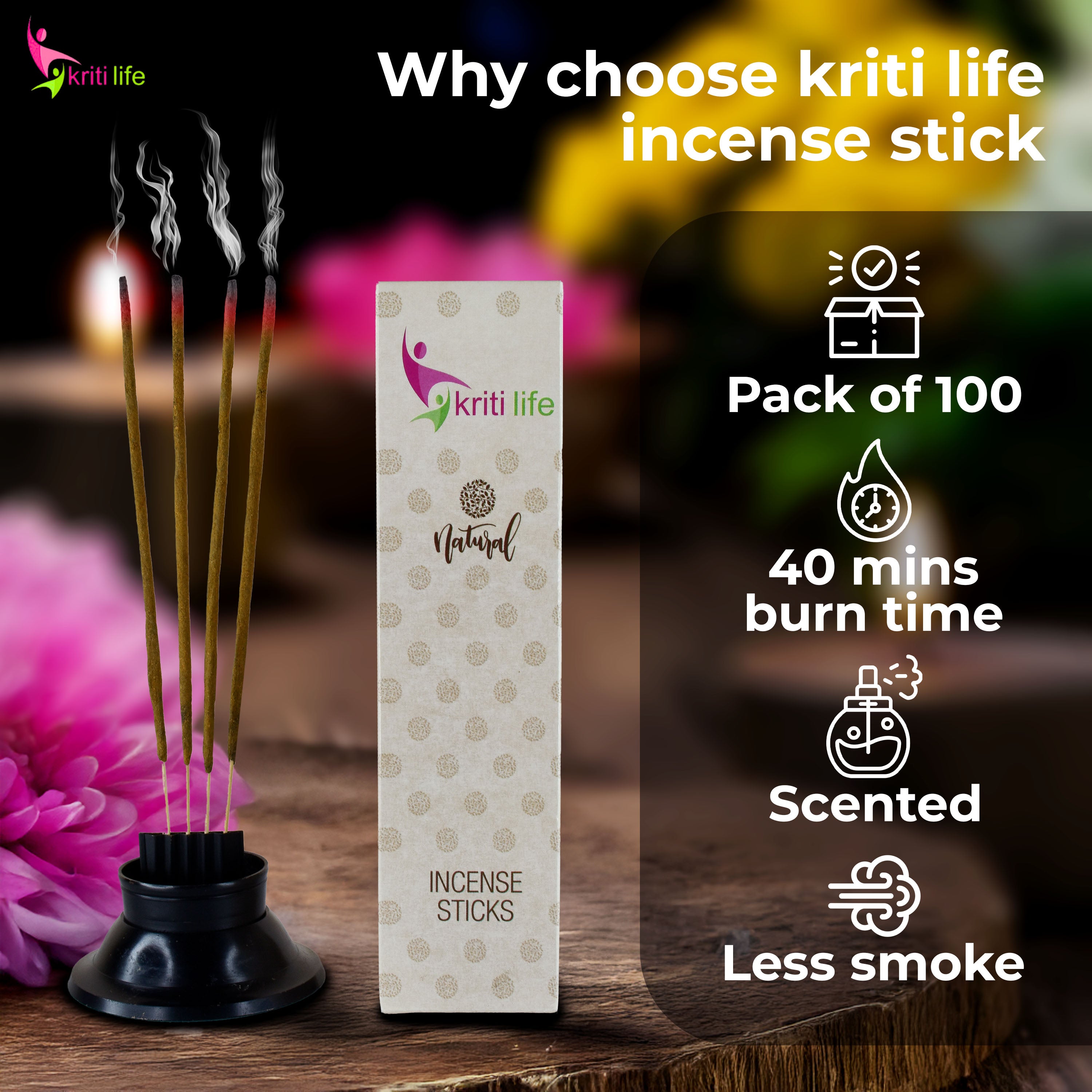 Kriti Life Incense Sticks - Mogra 100 Pcs Perfect for Puja &amp; Relaxation