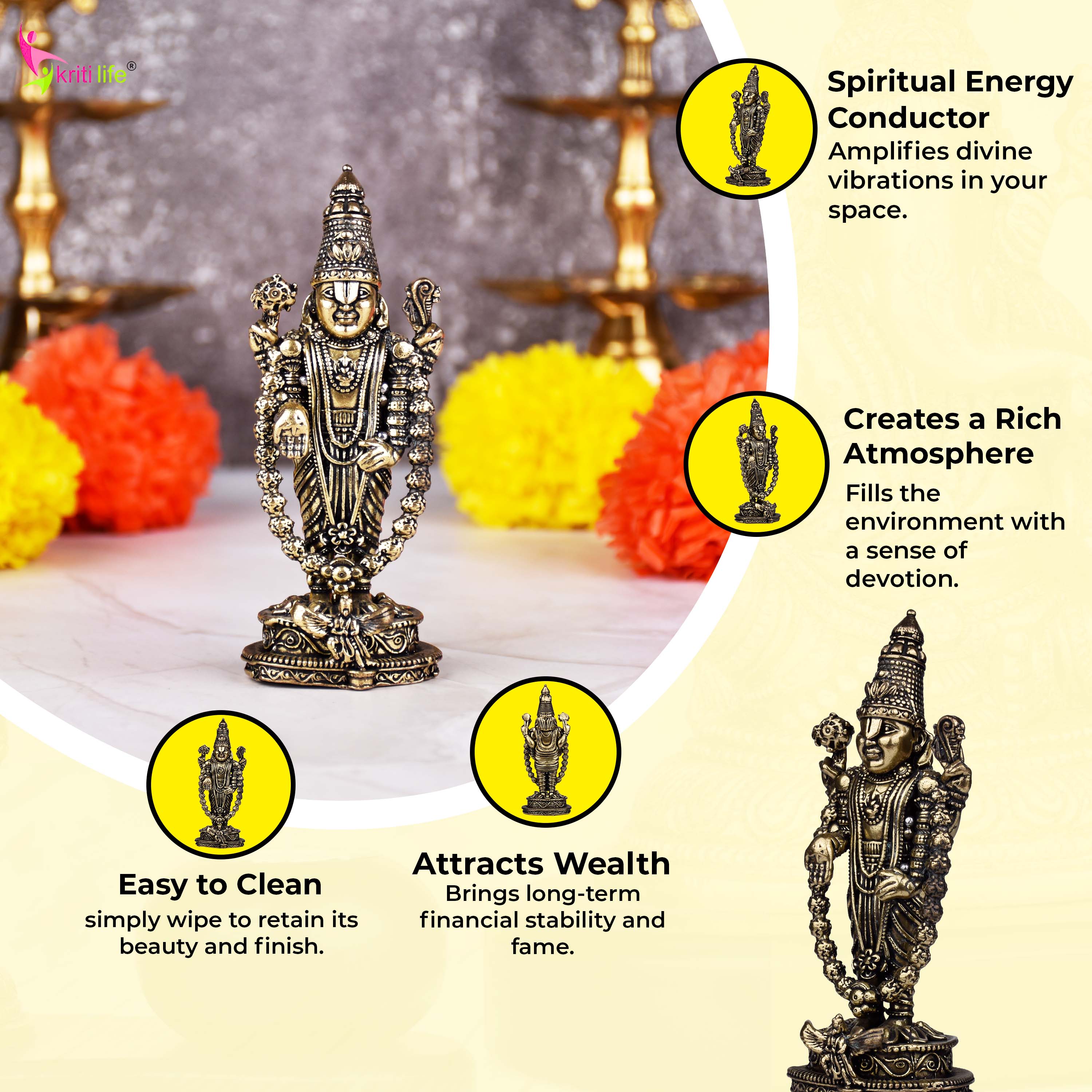 Brass Lord Venkateswara Idol – Handcrafted Balaji Statue 4 inches for Home Temple & Wealth Blessings