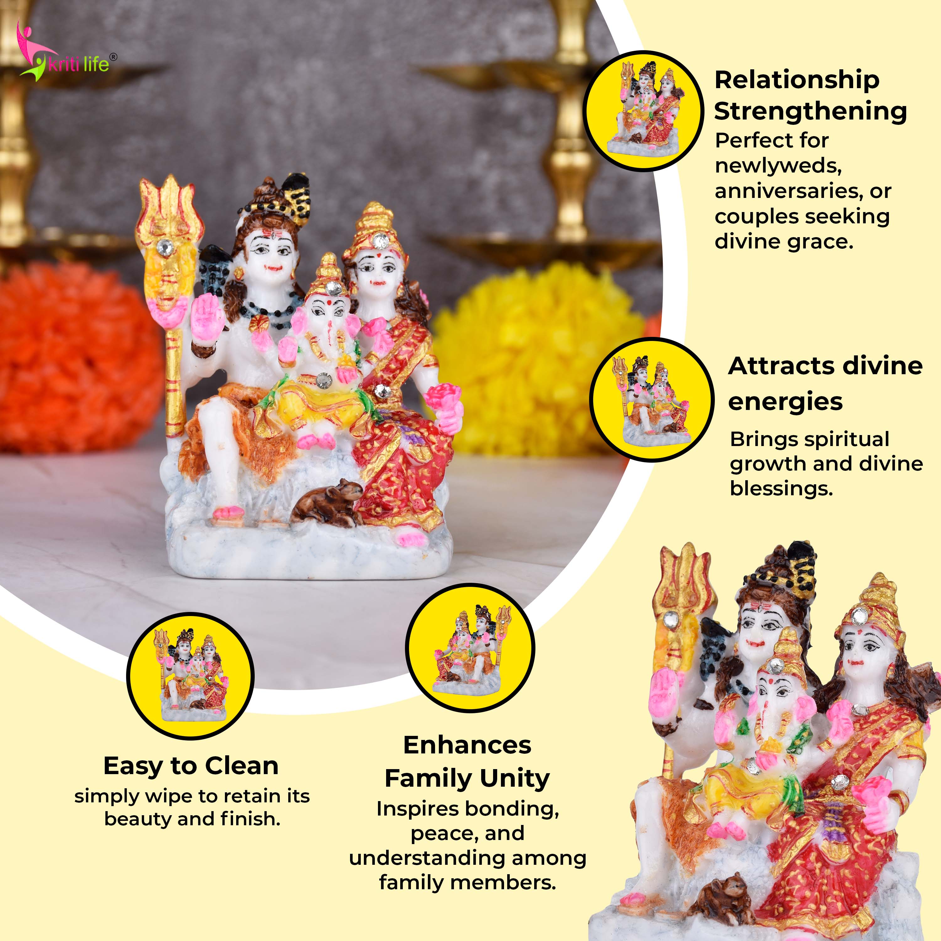 Shiva Parivar Idol | 3.5 inches | Marble Dust Lord Shiva, Parvati & Ganesha Statue with Traditional Finish