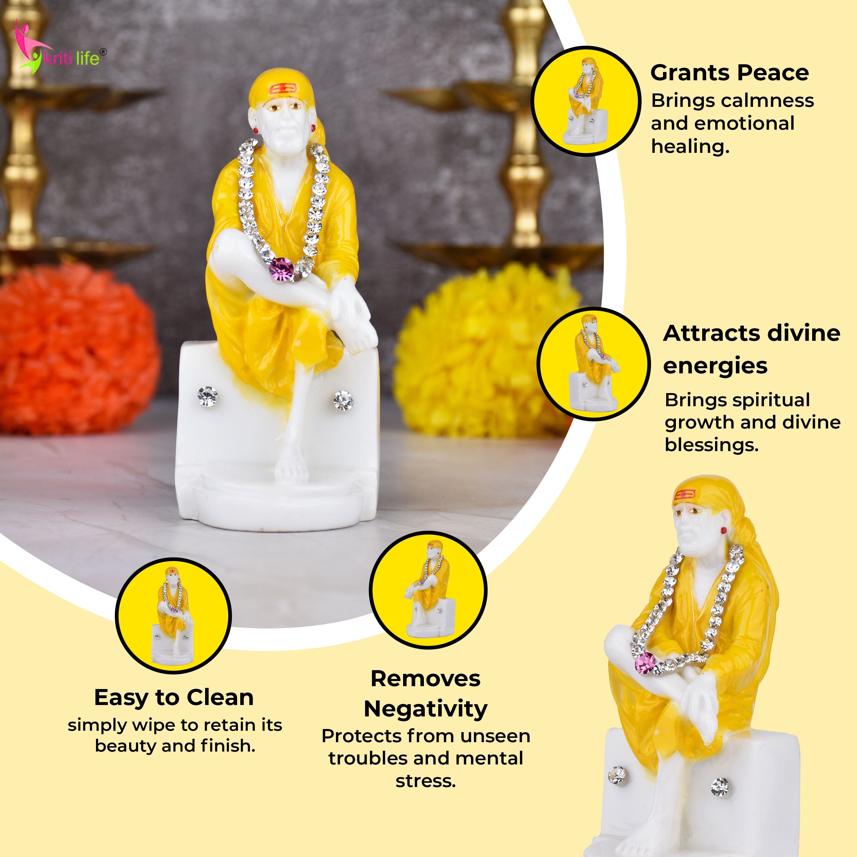 Shirdi Sai Baba Idol – 4 inches - Yellow Robe Polyresin Statue with Decorative Stone Garland