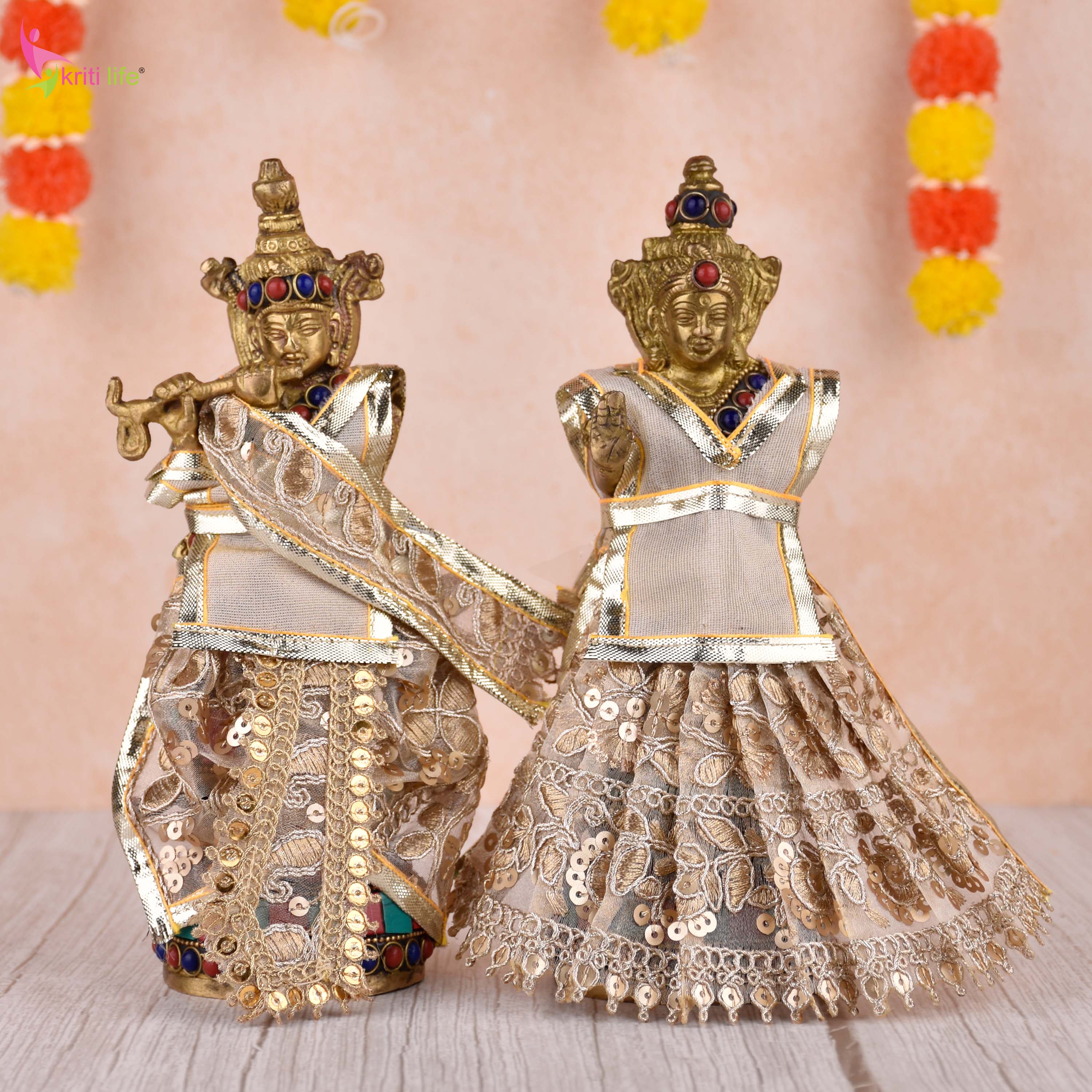 Golden Radha Krishna Dress Set for 7.5 Inch Idol – Traditional Deity Vastra with Embroidery and Sequins