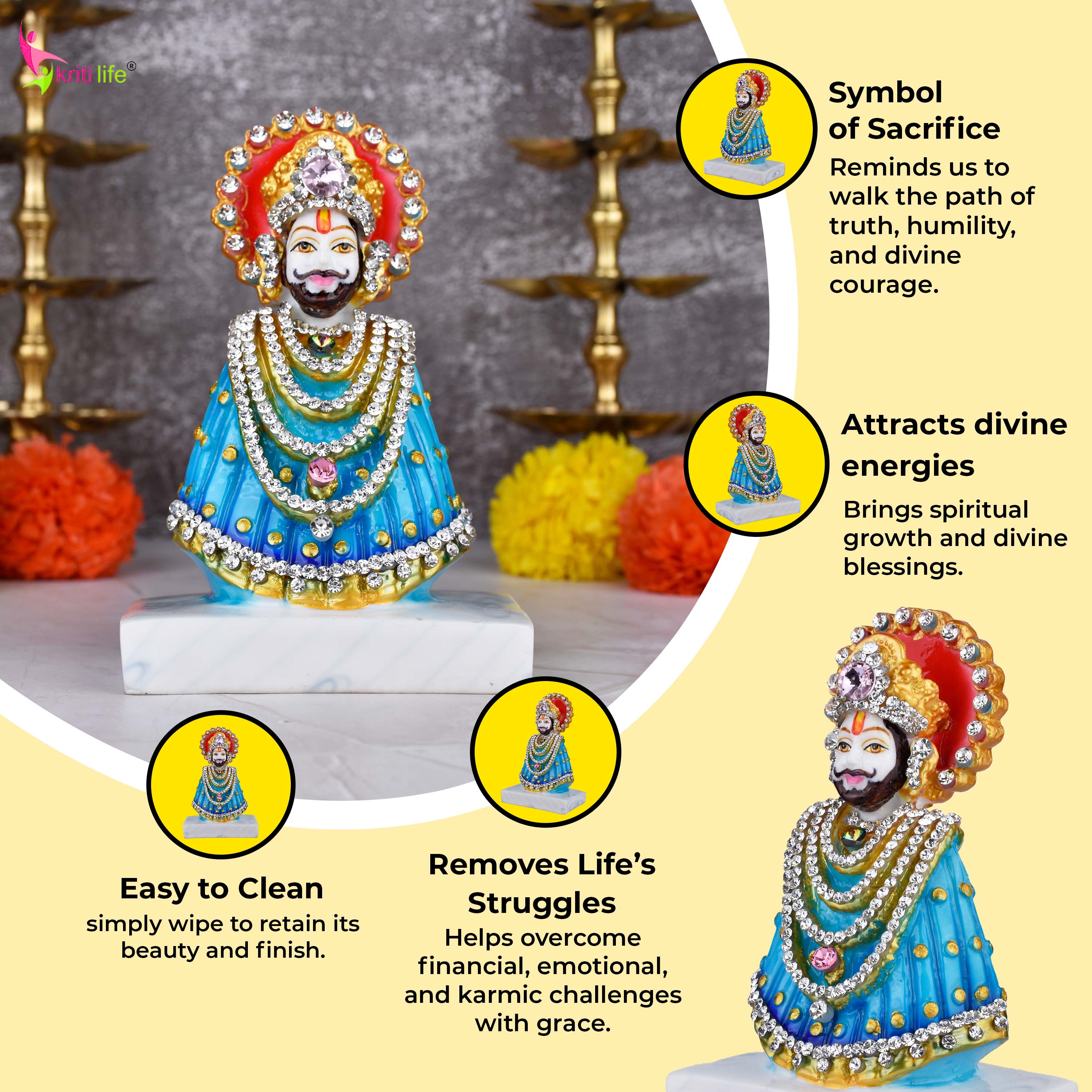 Baba Shyam Decorative Idol – 6 inches - Khatushyam Ji Polyresin Statue with Stones & Vibrant Finish