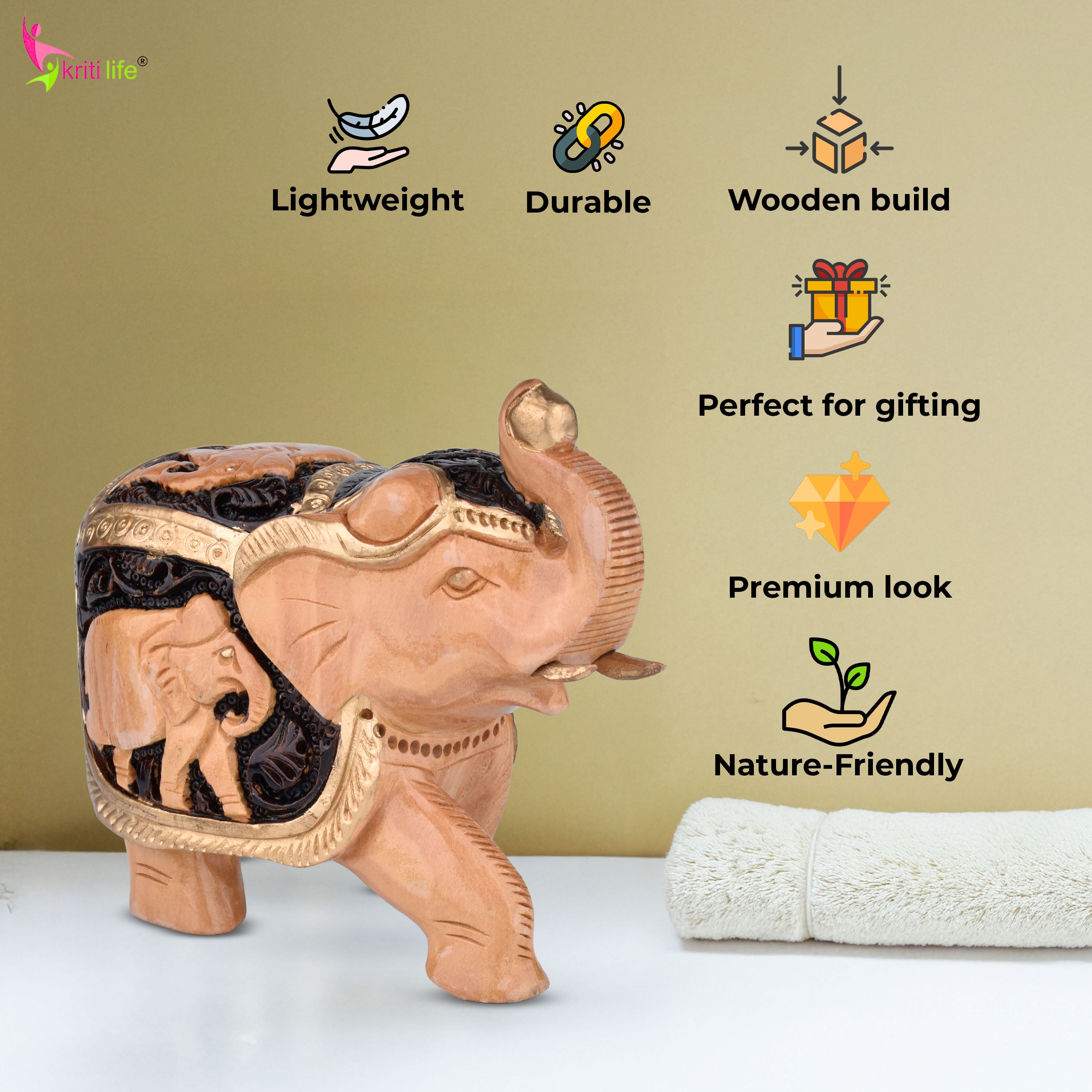 Handcrafted Wooden Elephant with Baby Elephant Carving | Natural Finish Decor-5 inches