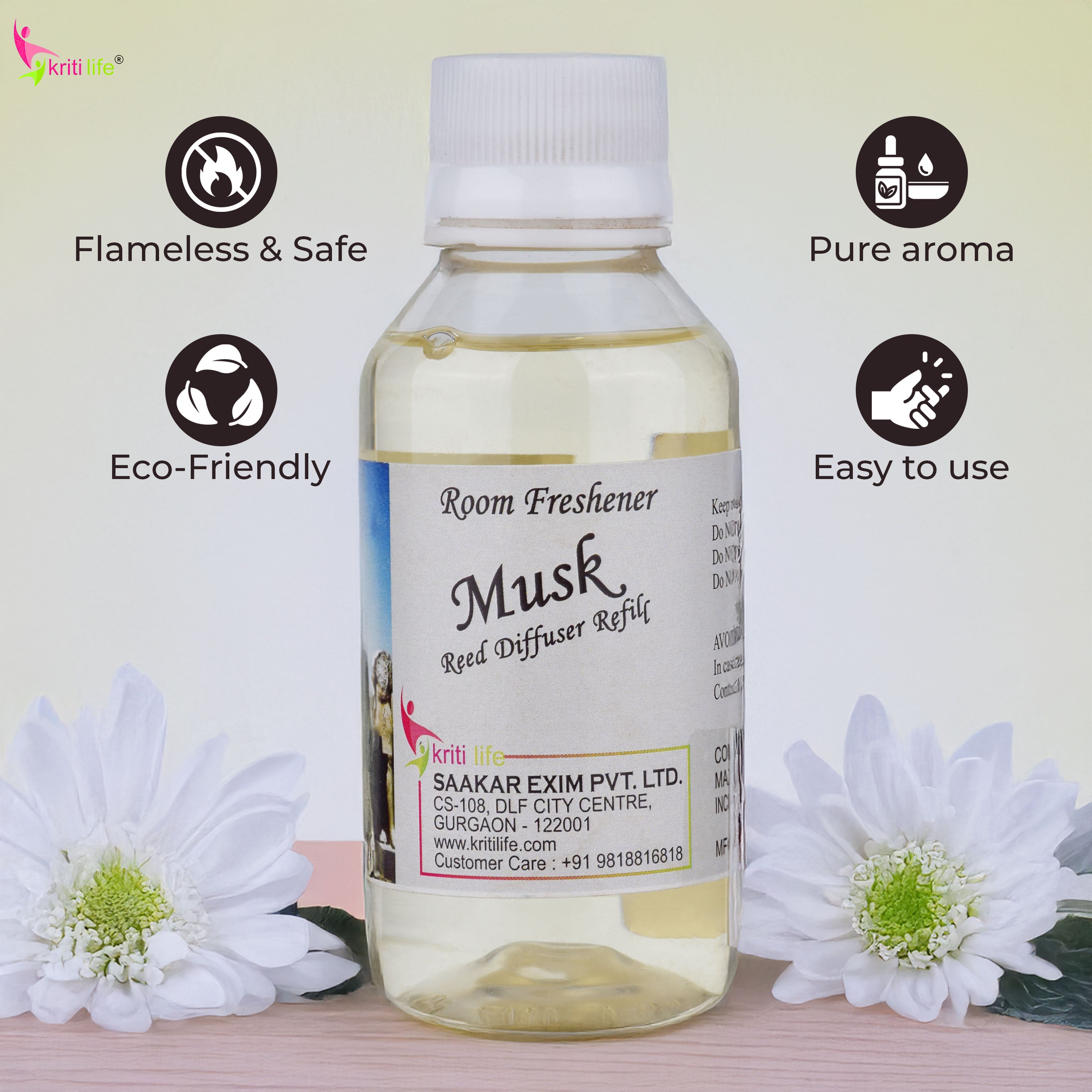Kriti Life Reed Diffuser Refill - Musk 90ML Long-Lasting Room Fragrance