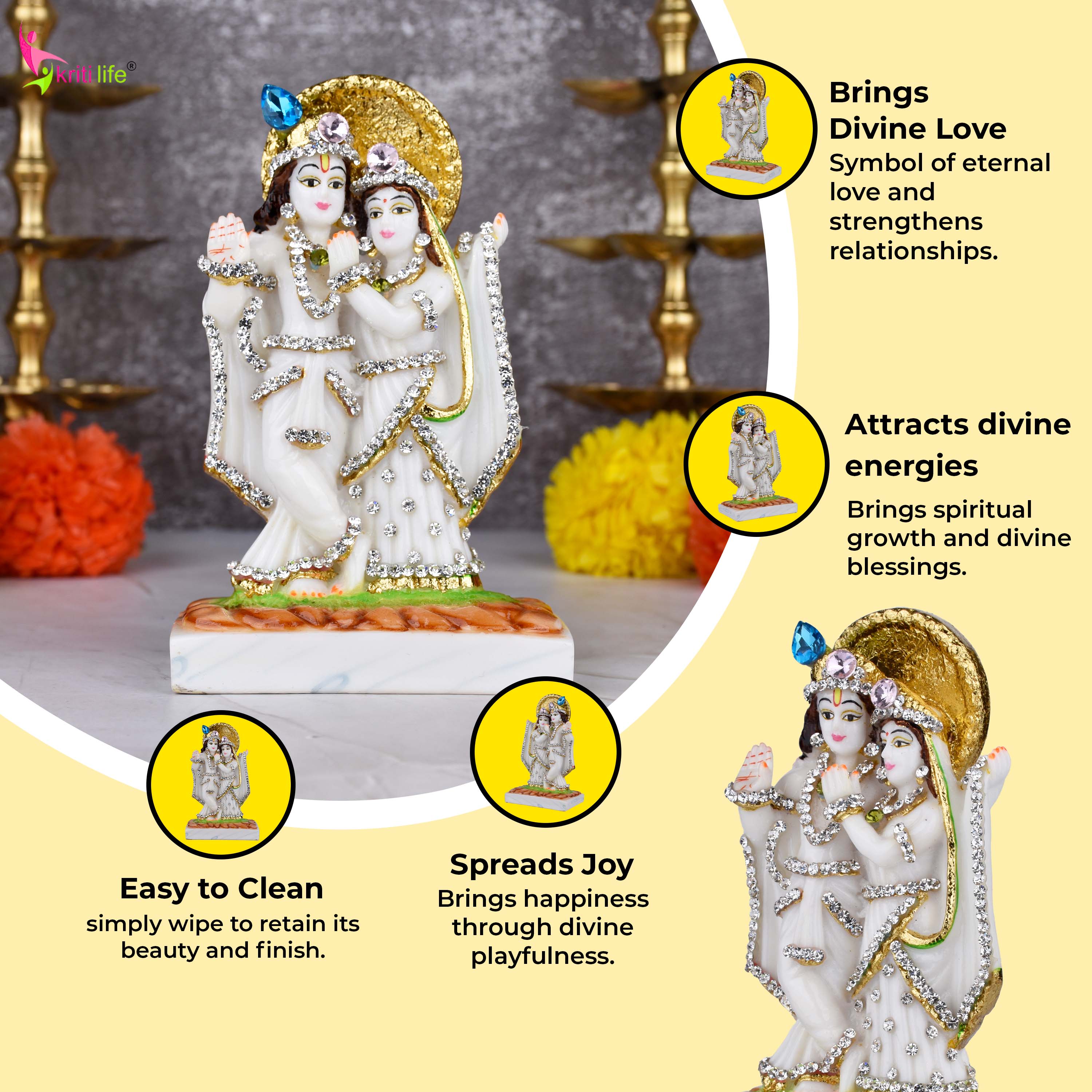 Radha Krishna Idol – Polyresin Statue 6 inches with Stone Work for Home Décor & Mandir