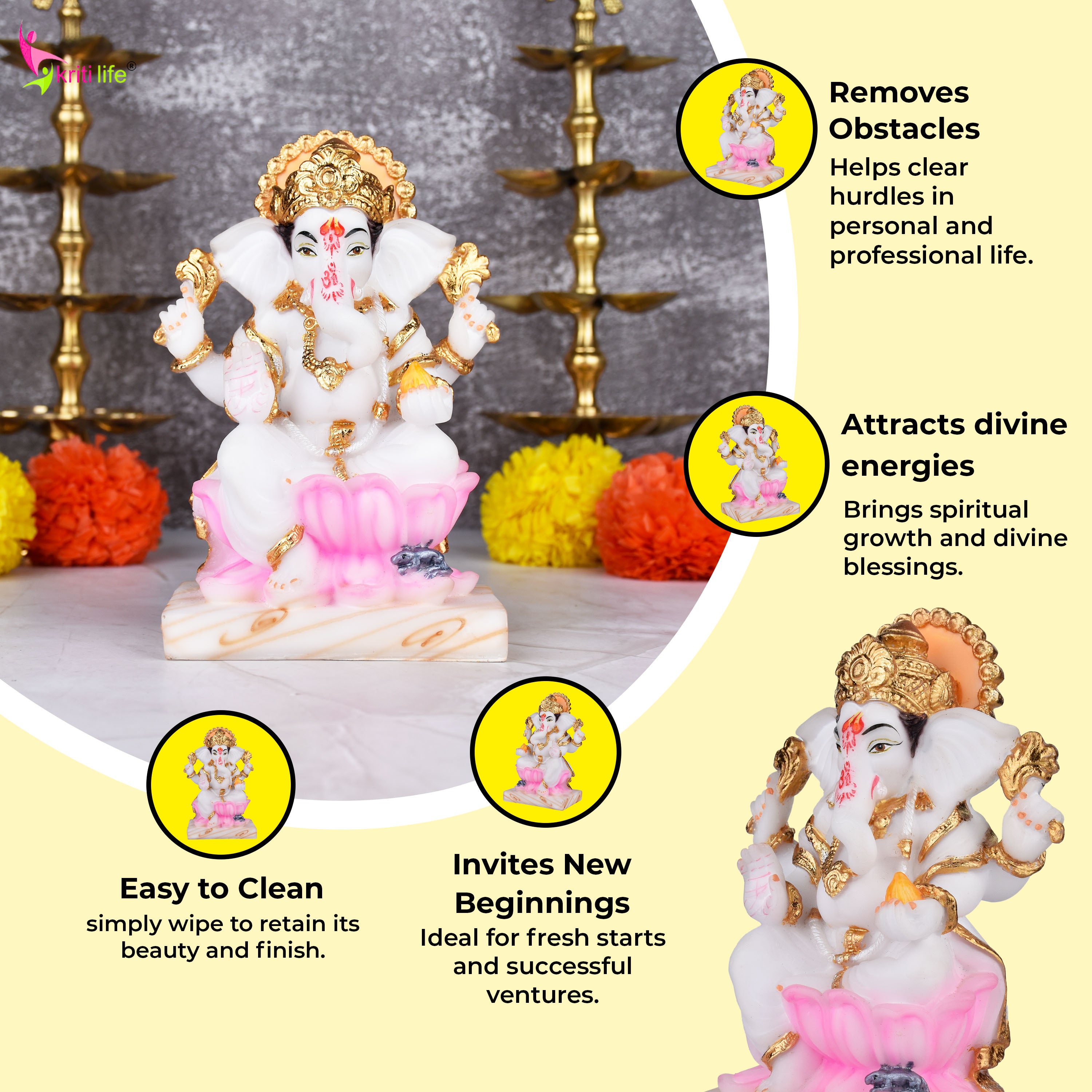 Lord Ganesha Idol in Polyresin | 6.5 inches | Sitting Ganpati Statue on Lotus with Golden Accents