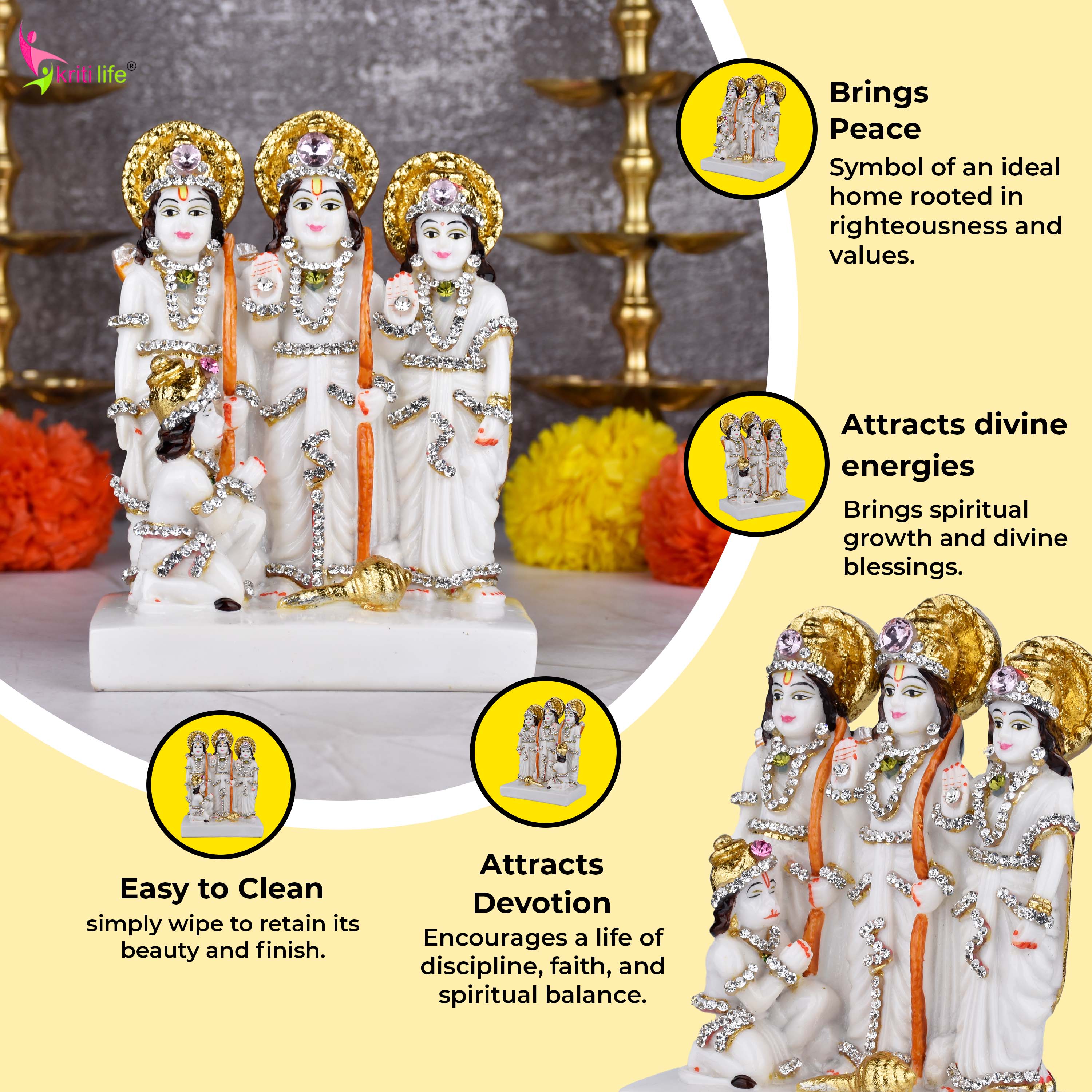 Ram Darbar Idol – Polyresin Statue of Lord Ram, Sita, Lakshman & Hanuman for Pooja Room & Home Décor |  6 inches