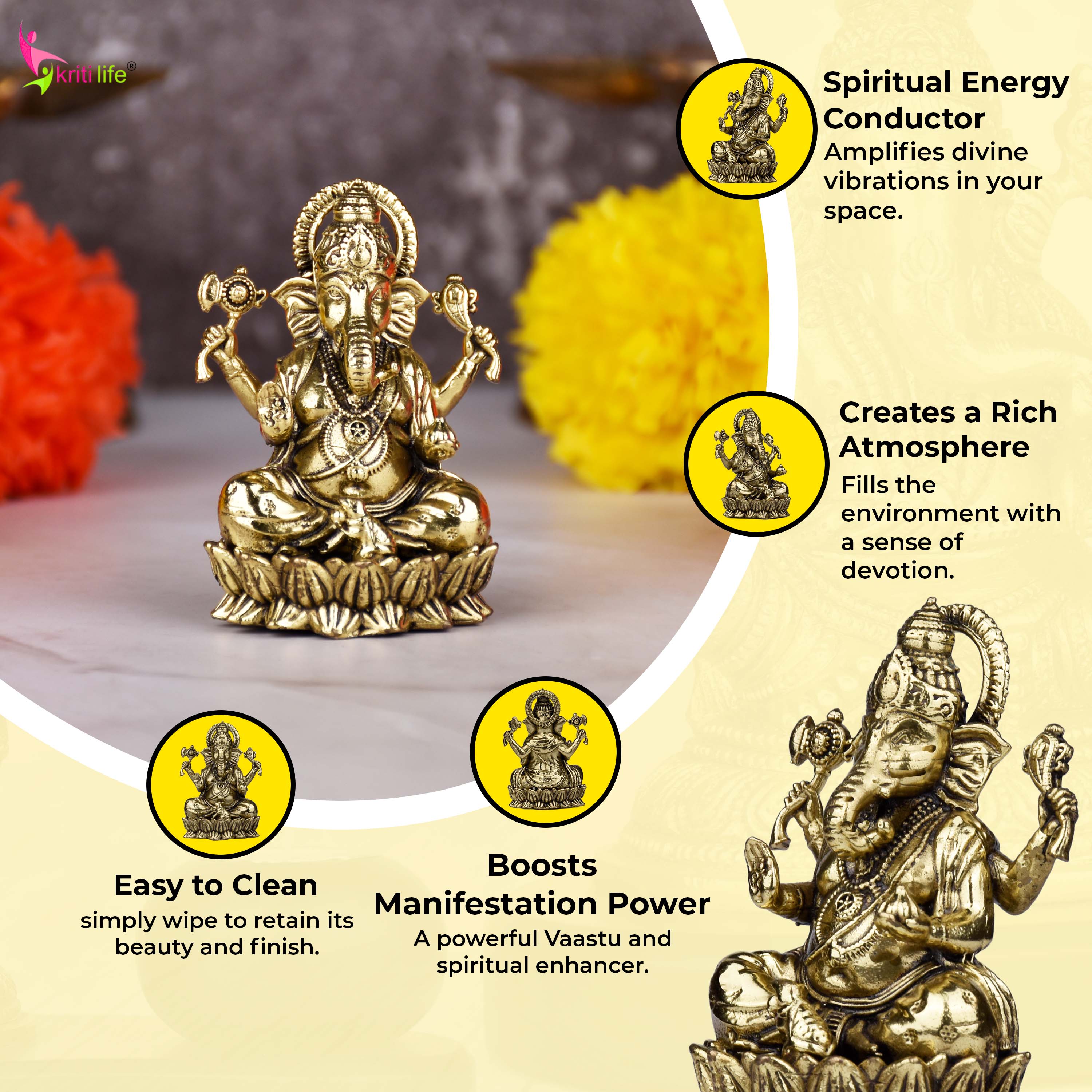 Brass Lord Ganesha Idol – Handcrafted Antique Finish Ganpati Statue for Home & Temple |Small size | 2 inches
