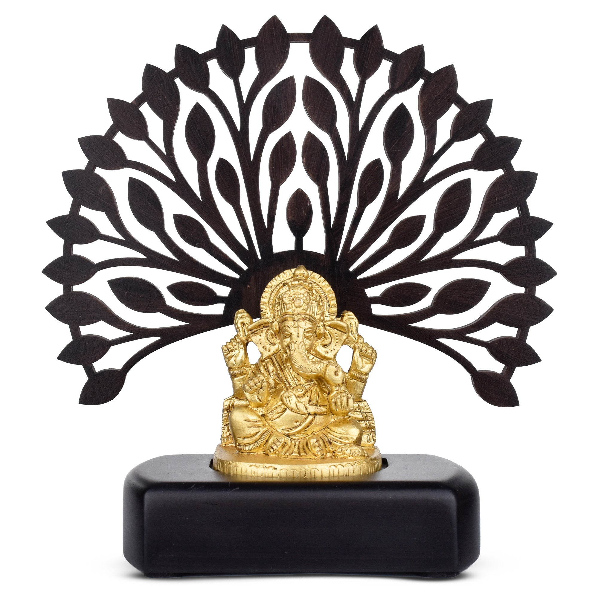Brass Lord Ganesha Idol with Wooden Tree Backdrop – | 6  inches | Decorative Showpiece for Home & Office