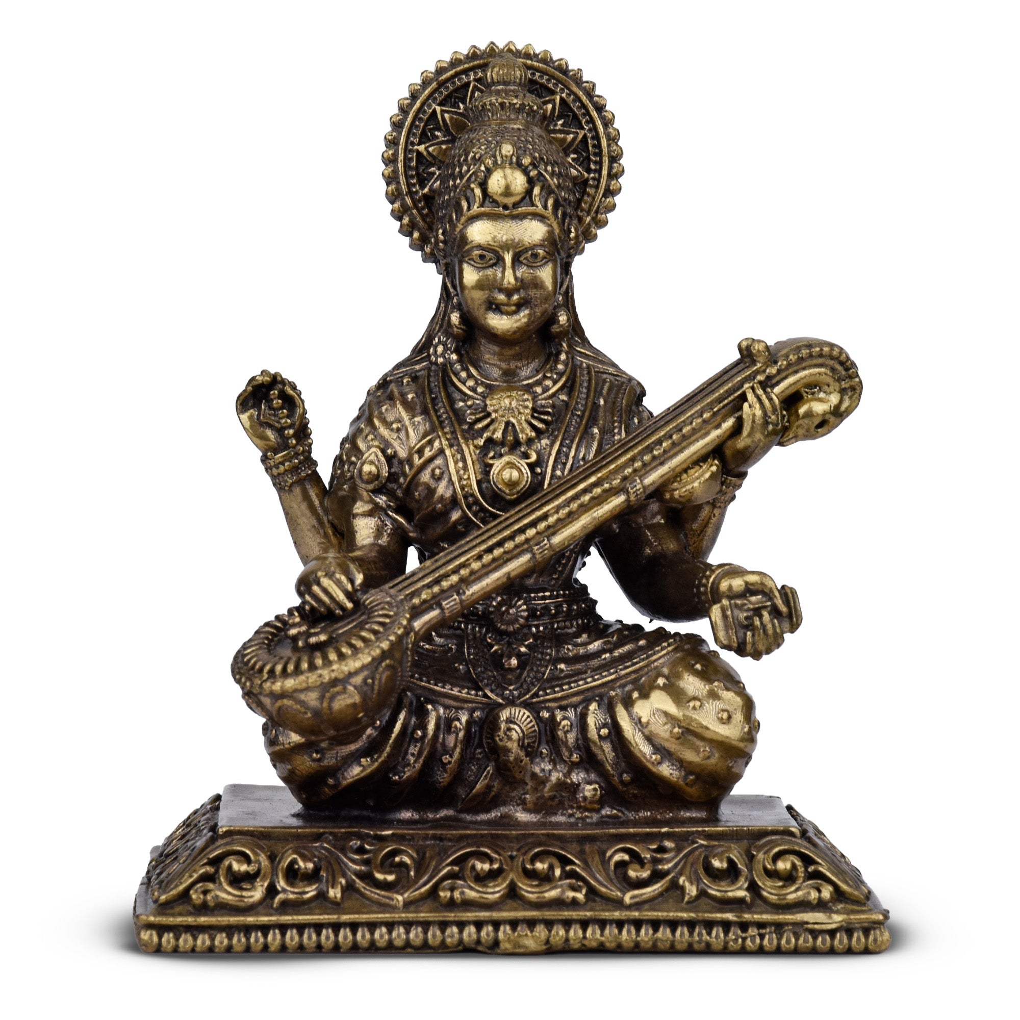 Brass Goddess Saraswati Idol | 3 inches | Handcrafted for Home Temple & Decor