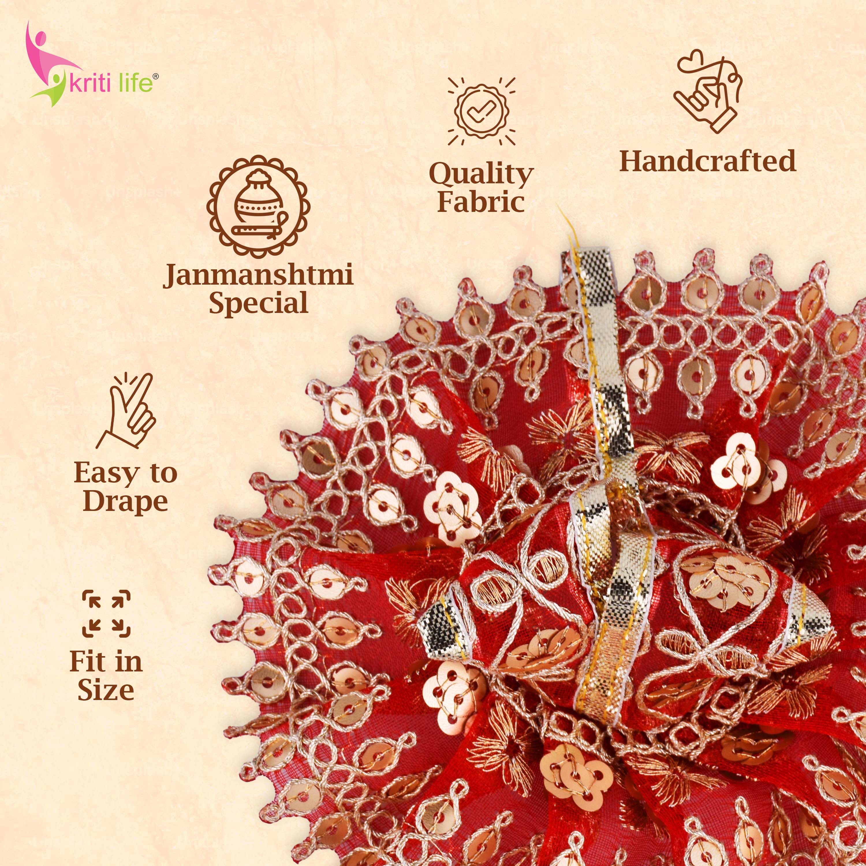 Elegant Red Sequin Embroidered Laddu Gopal Dress for 2.5 Inch Idol