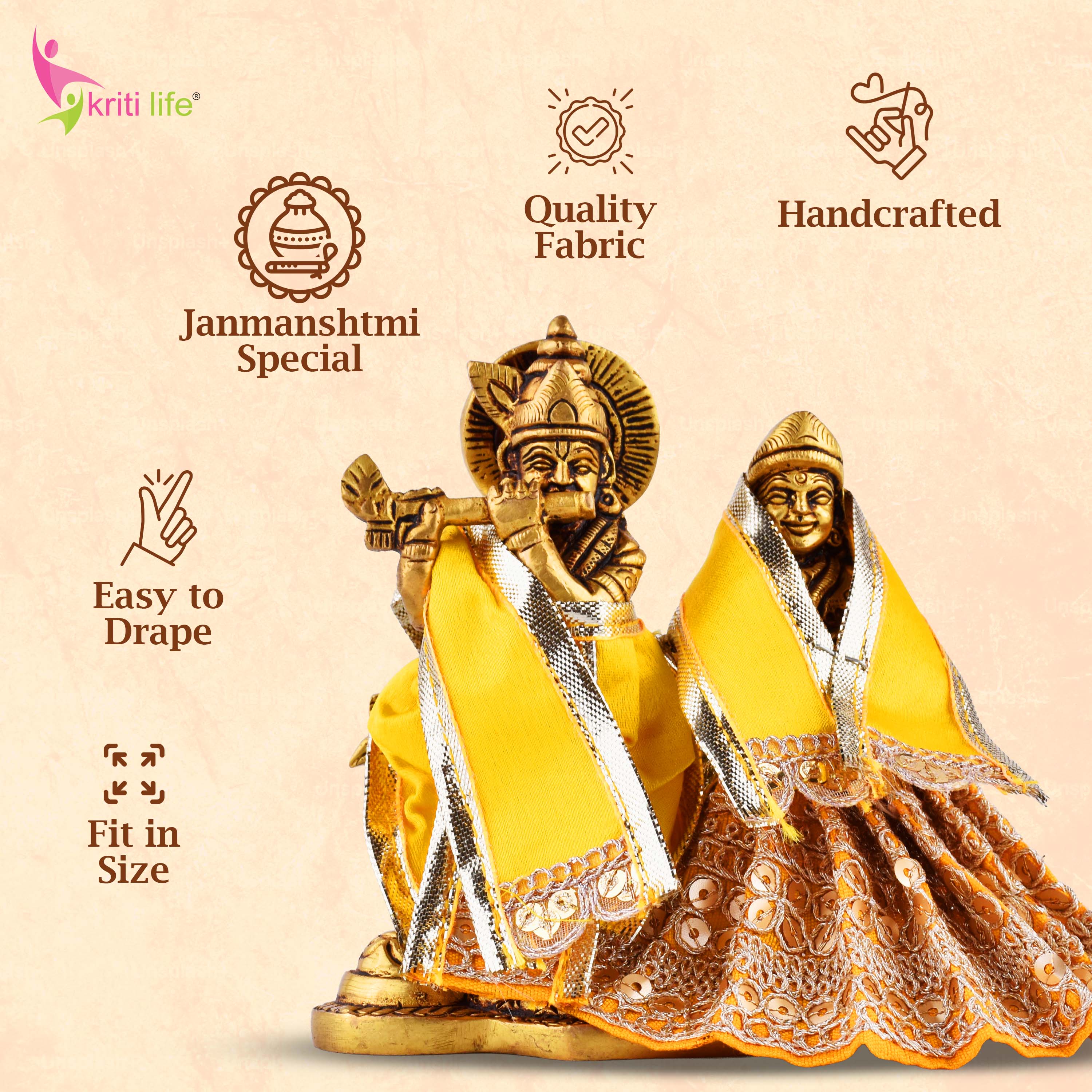 Yellow Radha Krishna Dress Set for 4 Inch Idol – Traditional Vastra with Golden Detailing