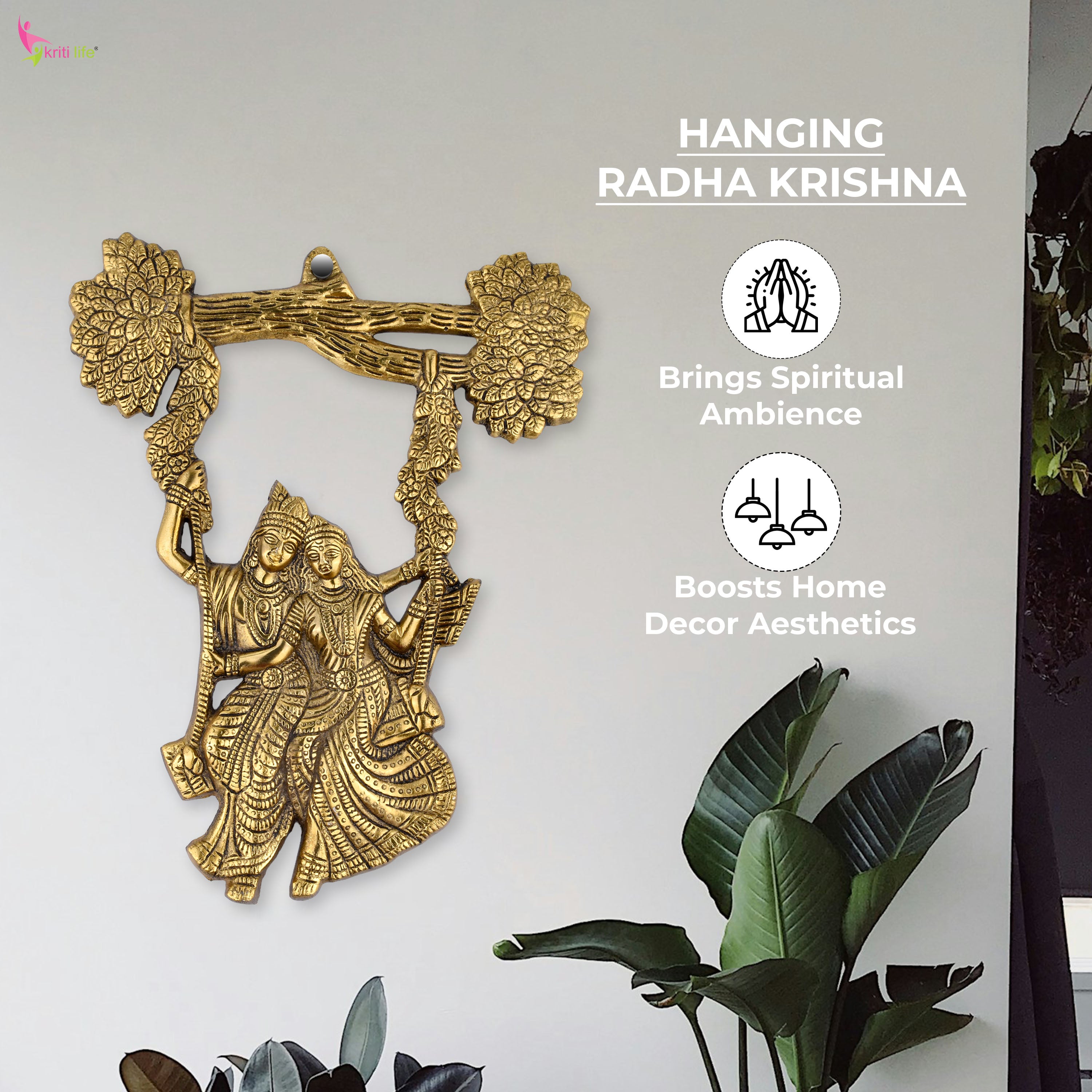 Brass Radha Krishna Wall Hanging on Swing | Divine Wall Décor- 11.5 inches