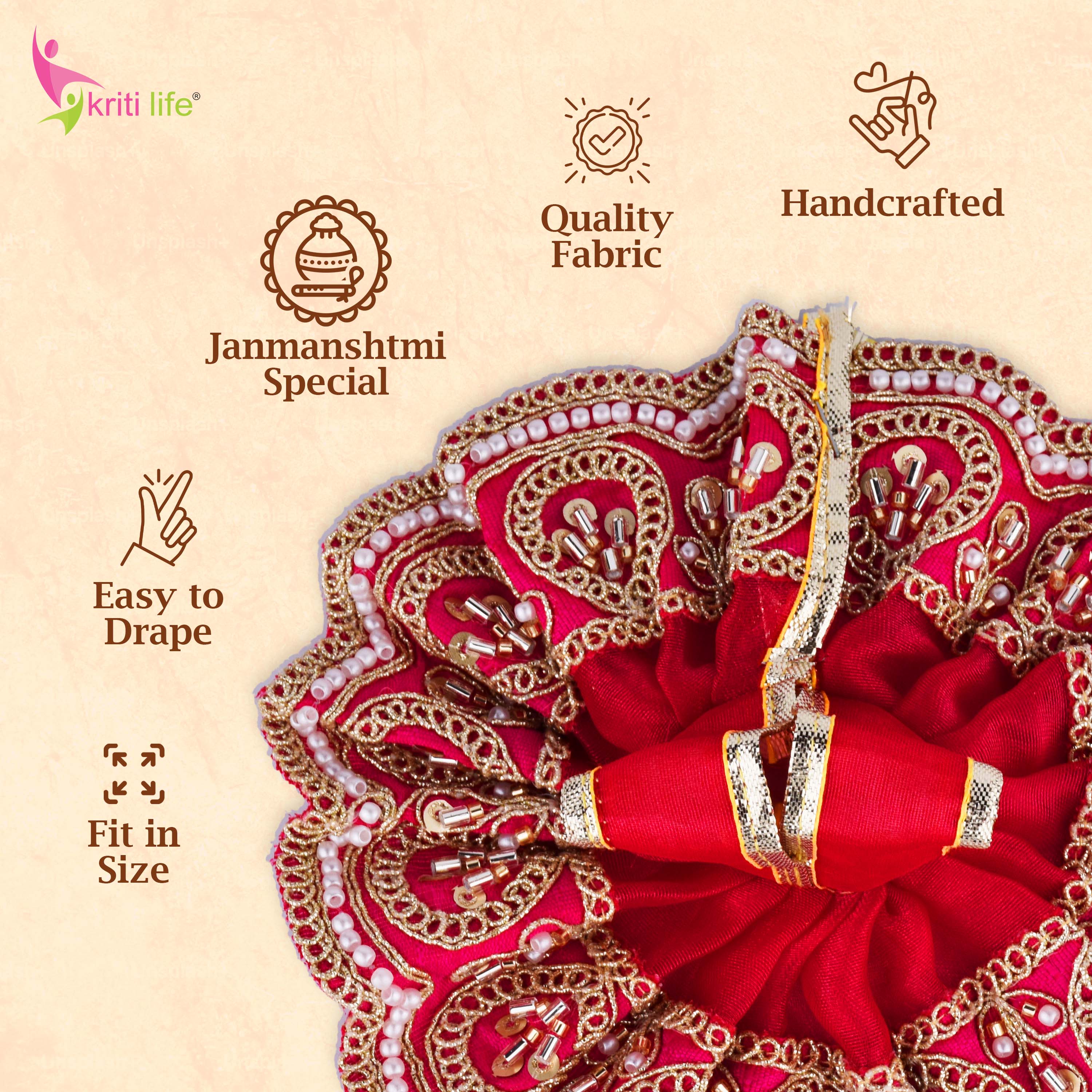 Traditional Red Laddu Gopal Dress for 4 Inch Idol – Golden Beads & Sequin Work Poshak