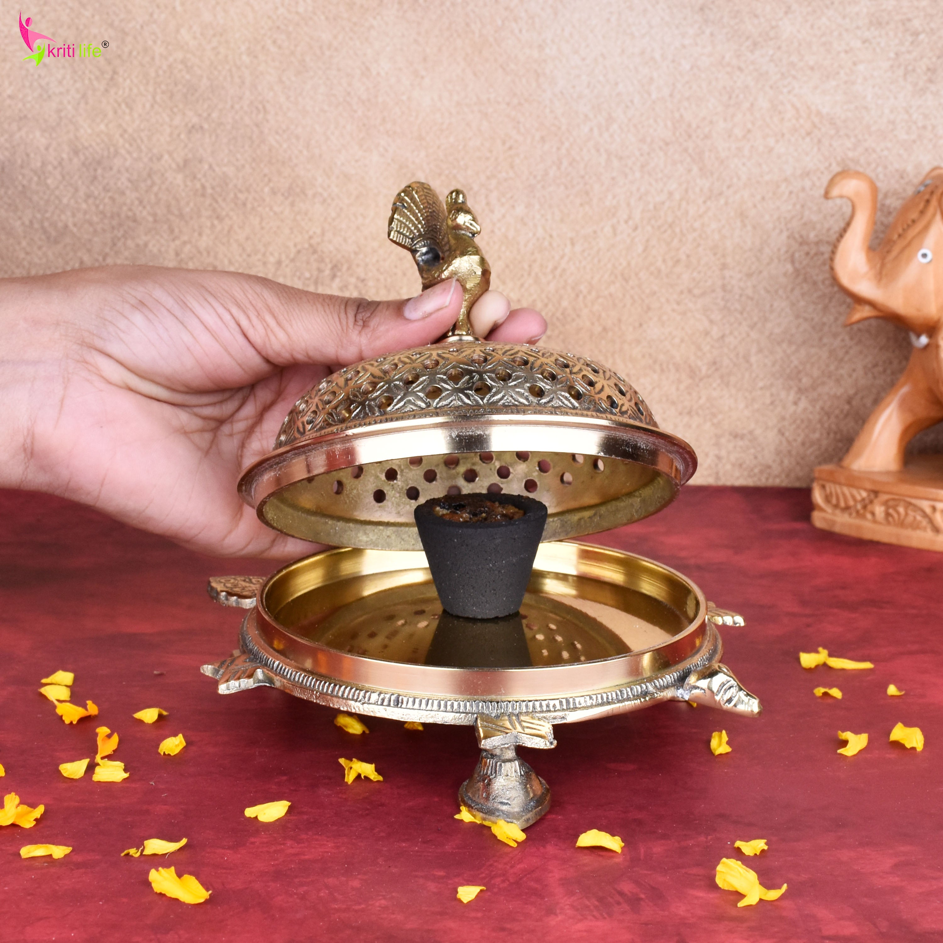 Handcrafted Brass Tortoise Dhupiya | Traditional Dhoop Burner with Peacock Lid | 7 inches