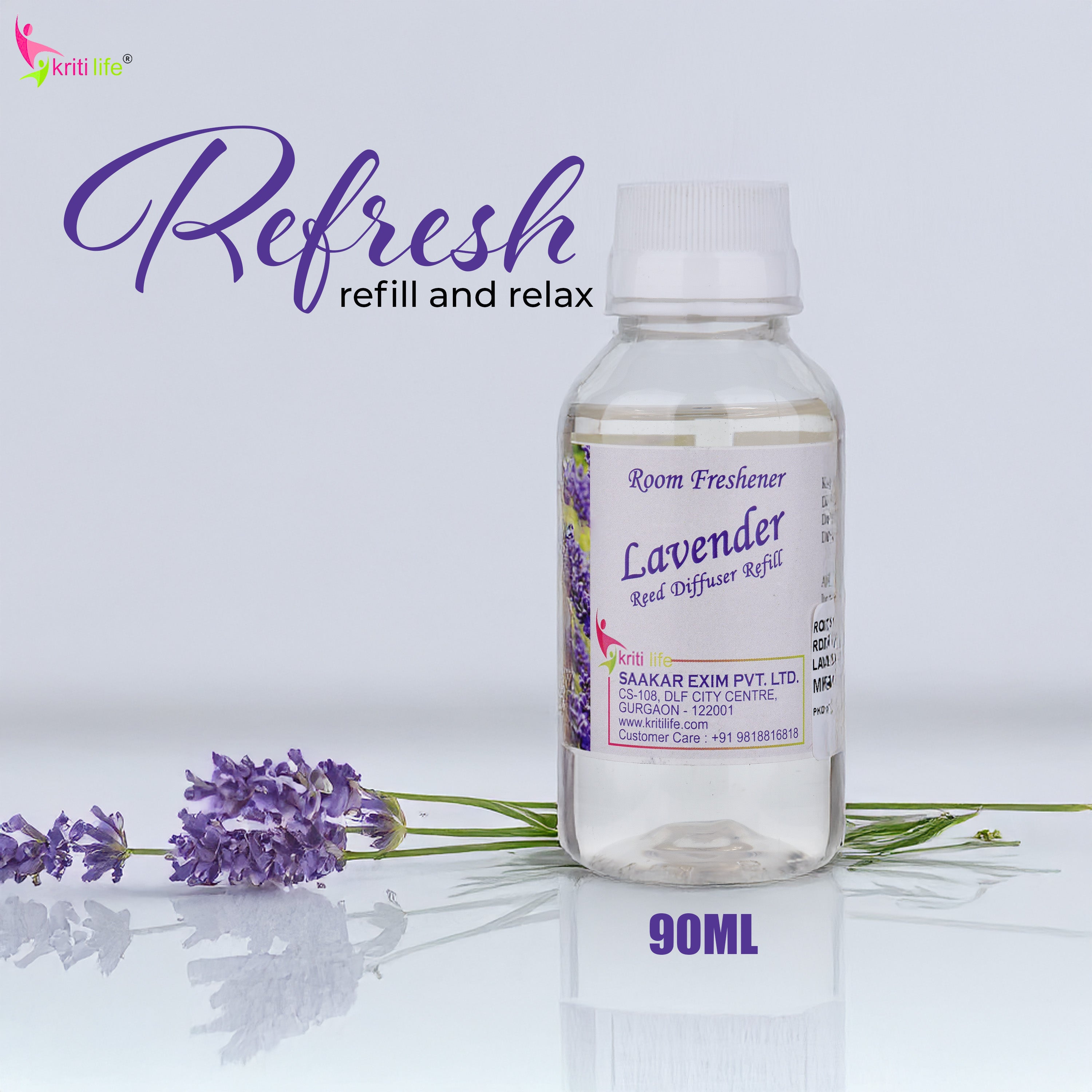 Kriti Life Reed Diffuser Refill - Lavender 90ML Long-Lasting Room Fragrance