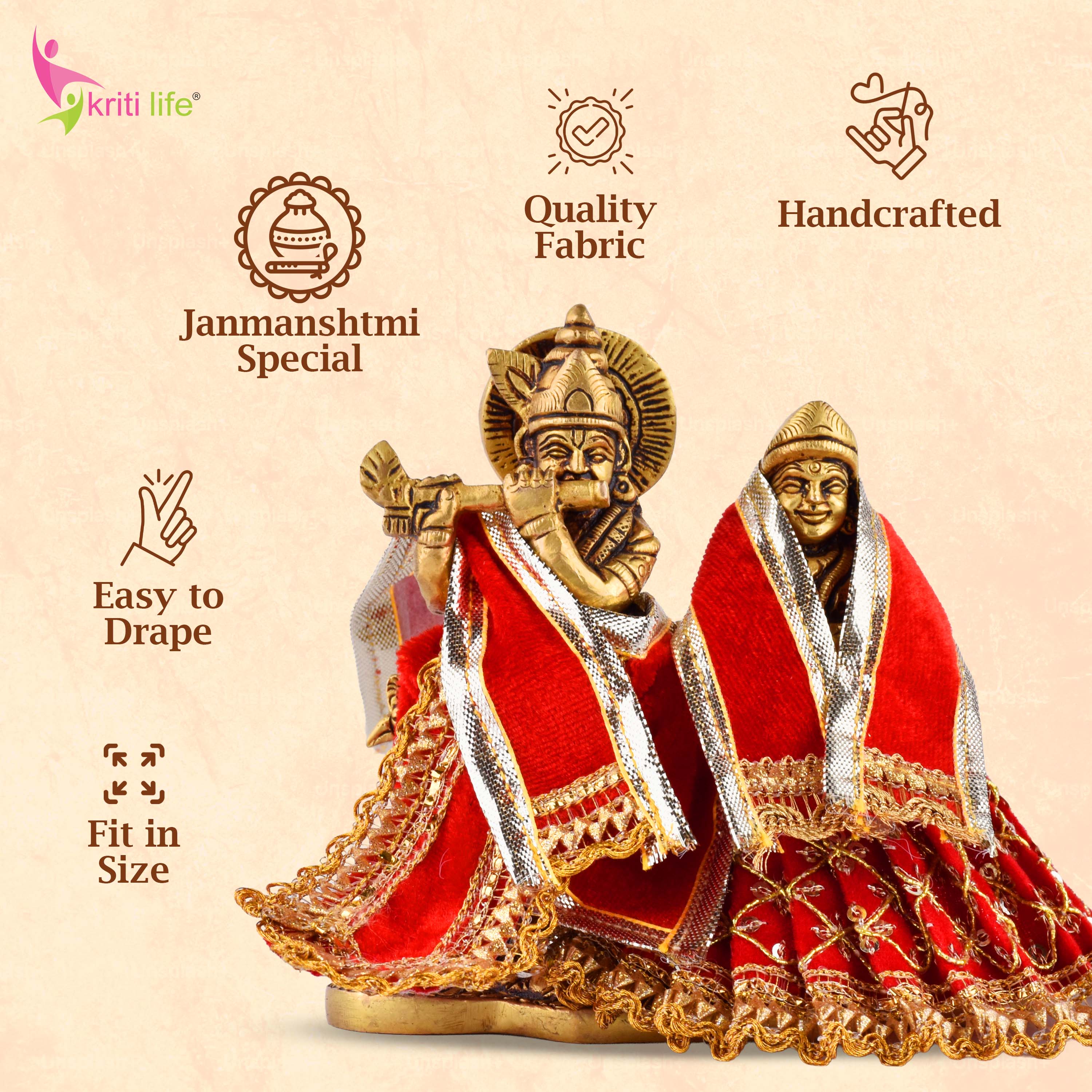 Velvet Red Radha Krishna Dress Set for 4 Inch Idol – Rich Embroidered Vastra with Golden Lace