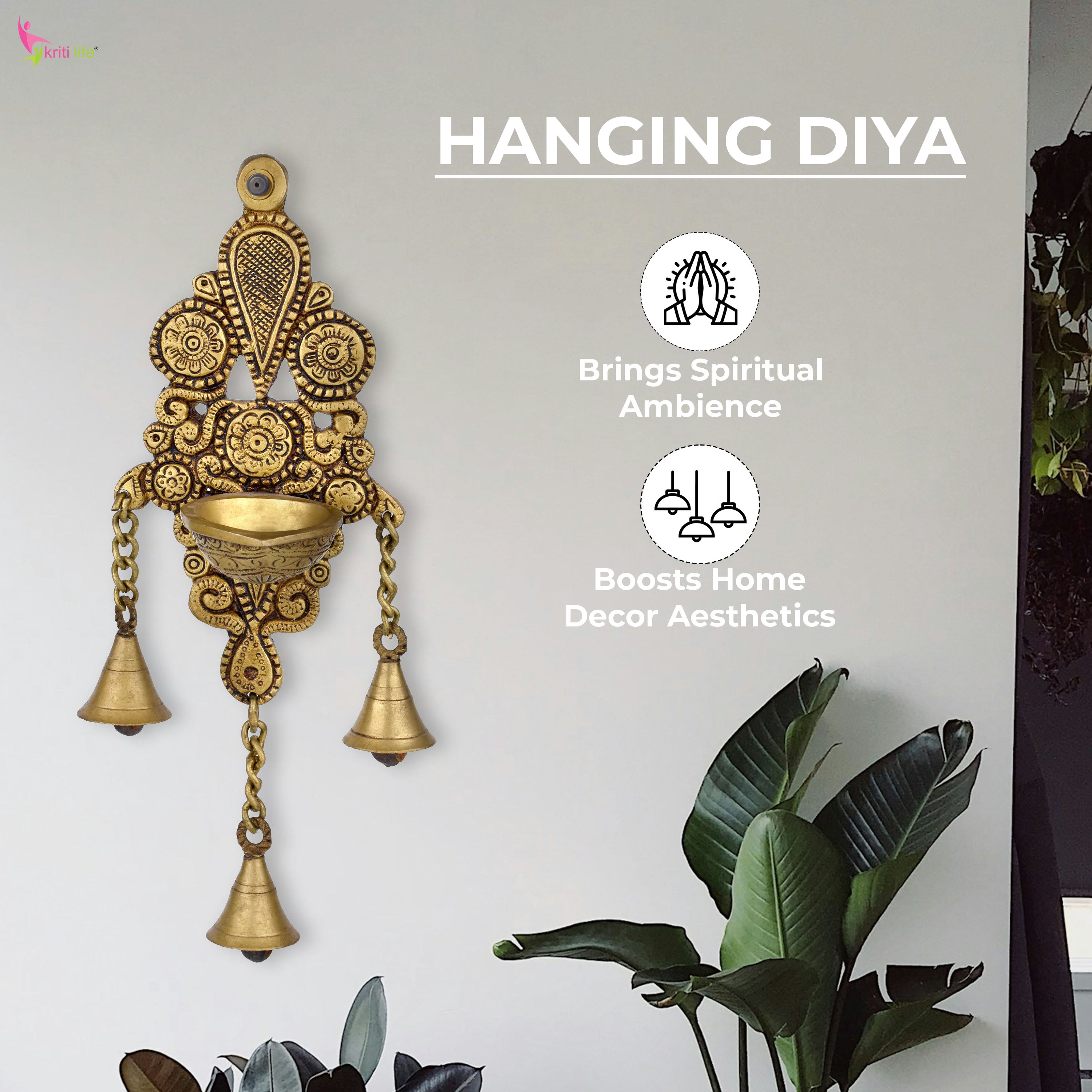 Brass Wall Mount Diya with 3 Hanging Bells – Traditional Design | 26.5 cm Hight
