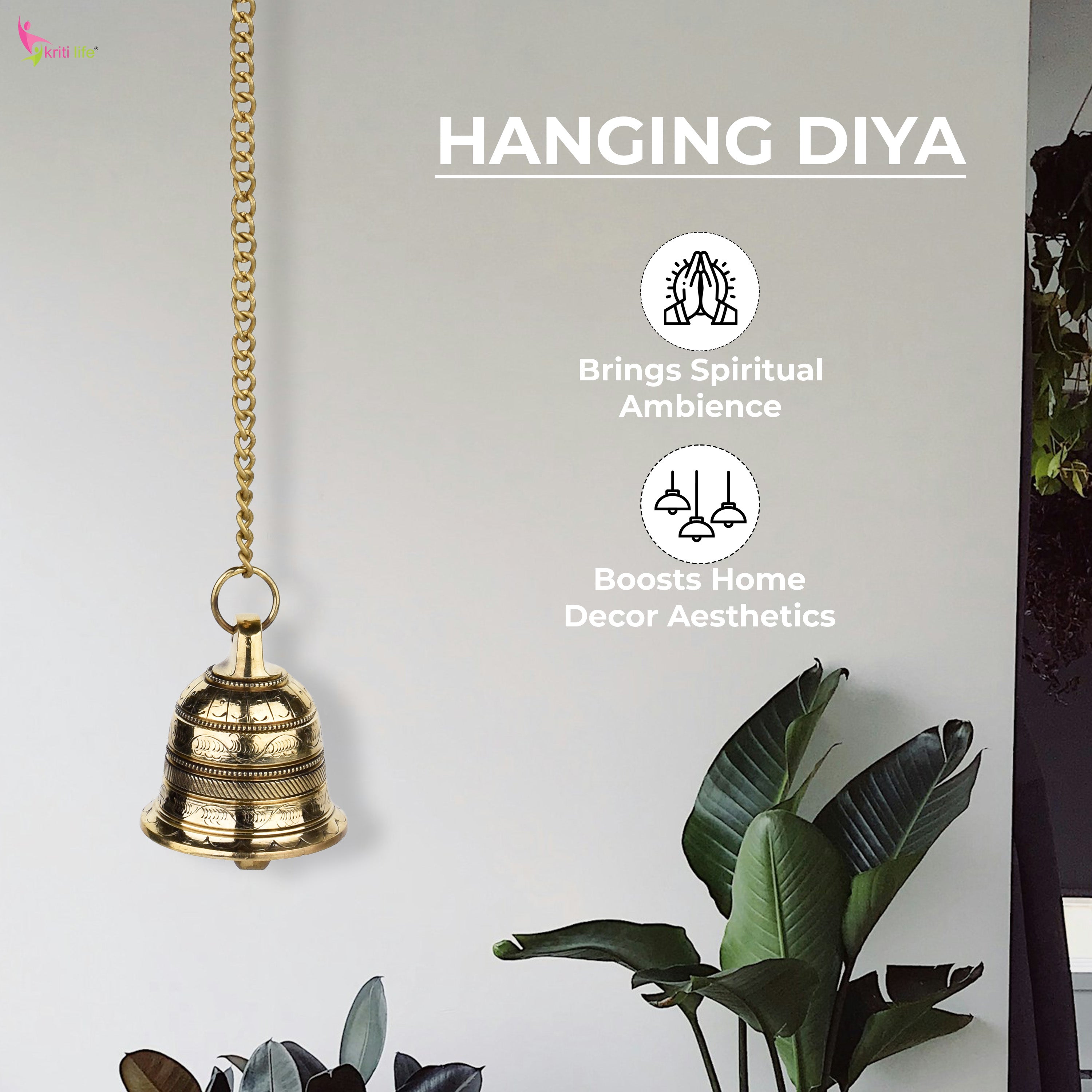 Brass Hanging Temple Bell with Chain | Wall Mount Ghanti for Pooja Room | 43 cm Hight