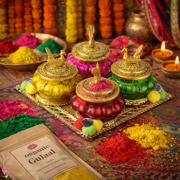 Holi Harble Gulal Pack of 4 | Decorative Herbal Gulal Jars with Golden Lid