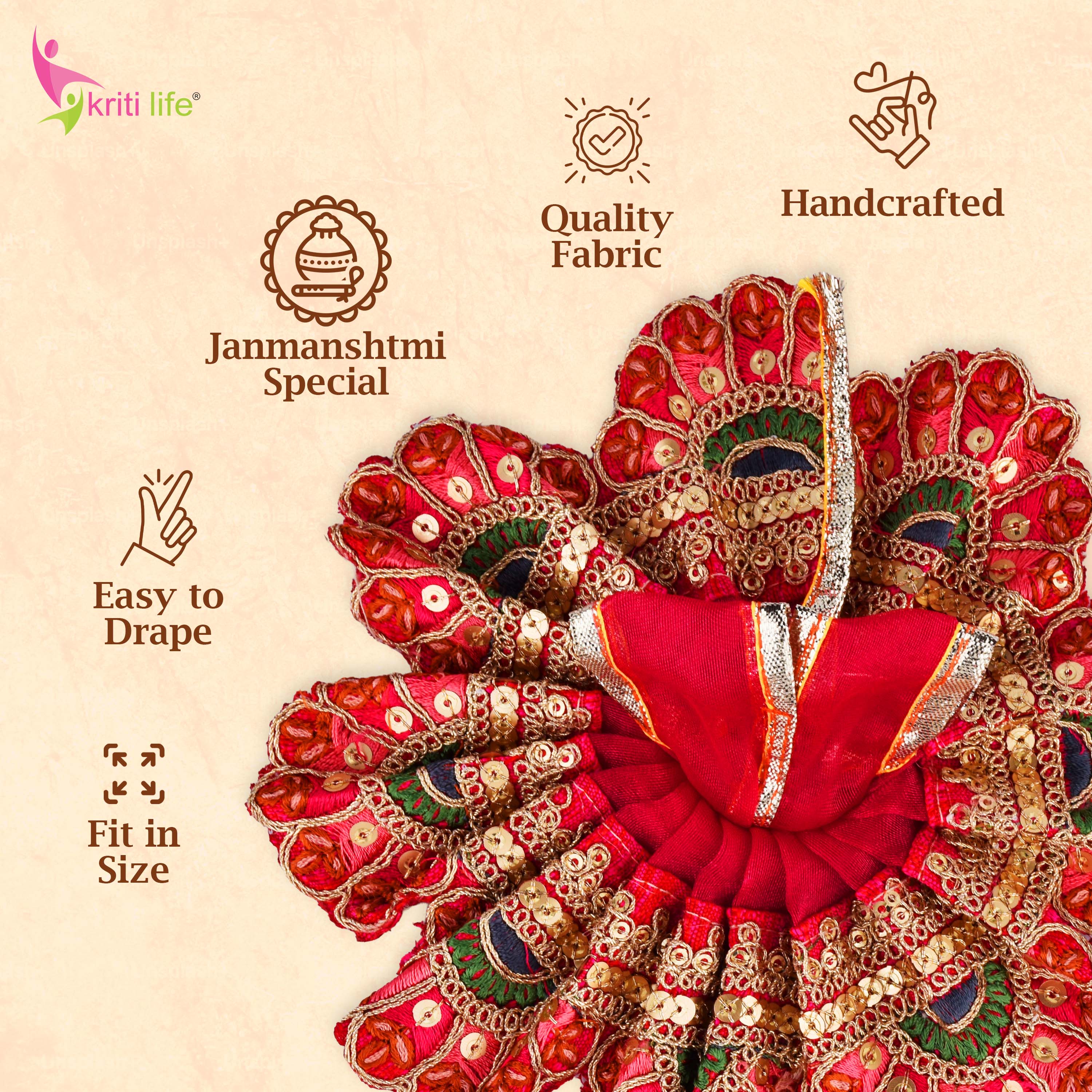 Laddu Gopal Dress for 4 Inch Idol | Red Ethnic Traditional Poshak with Embroidery and Sequins