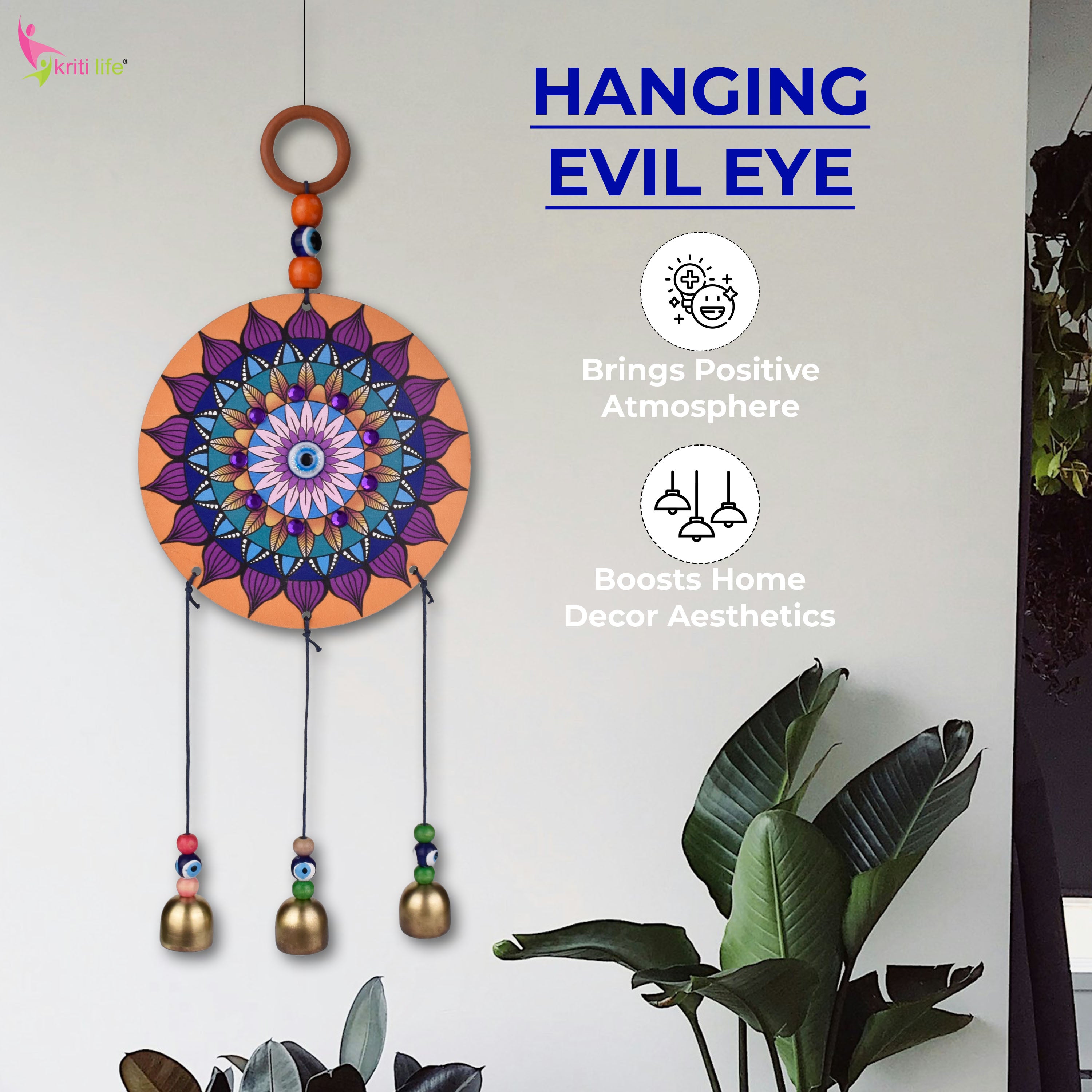 Evil Eye Hanging with Mandala Design | Wall Hanging with Bells for Positive Energy & Home Decor- 30 cm Hight