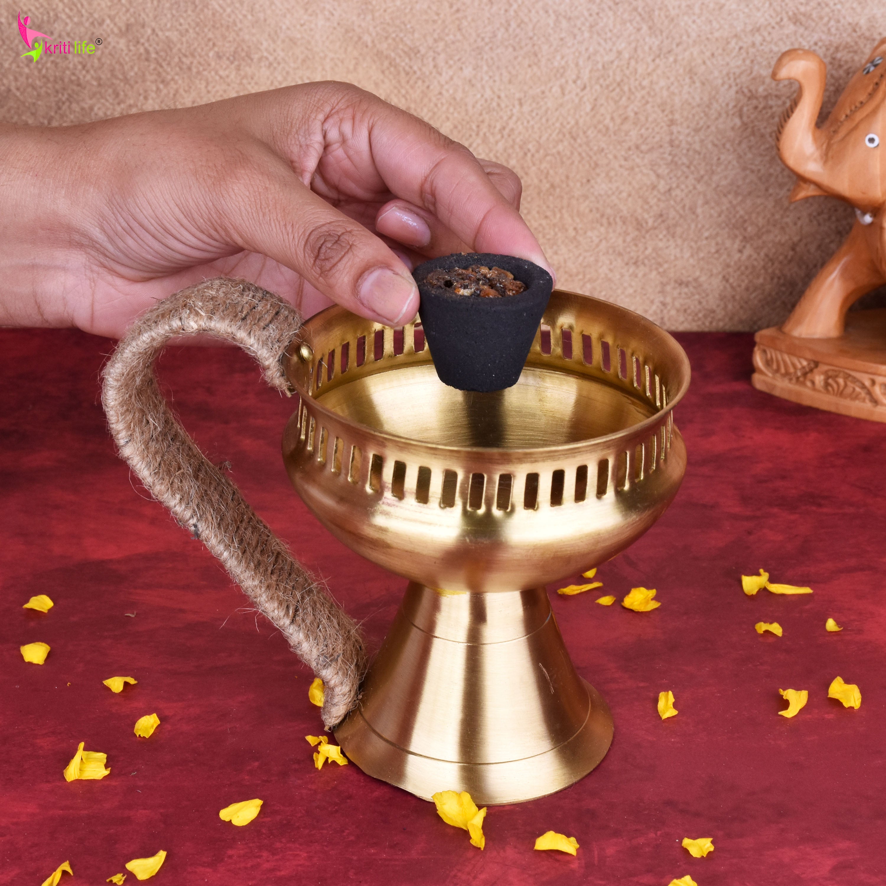 Brass Dhupiya with Jute Handle | Handcrafted Dhoop Burner for Pooja & Havan- 6 inches
