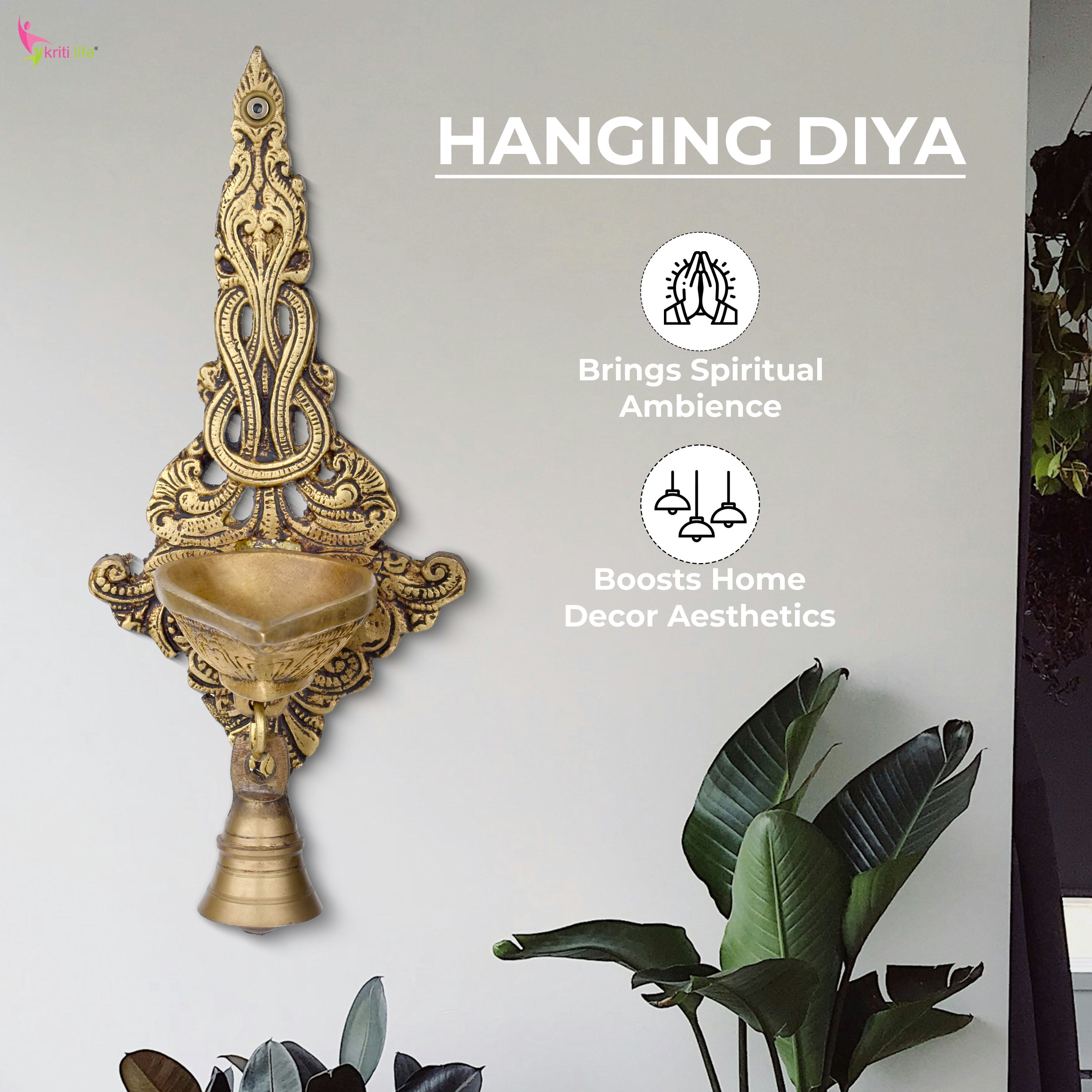 Brass Wall Mount Diya | Antique Hanging Oil Lamp for Pooja Room & Home Decor- 8.5 inches