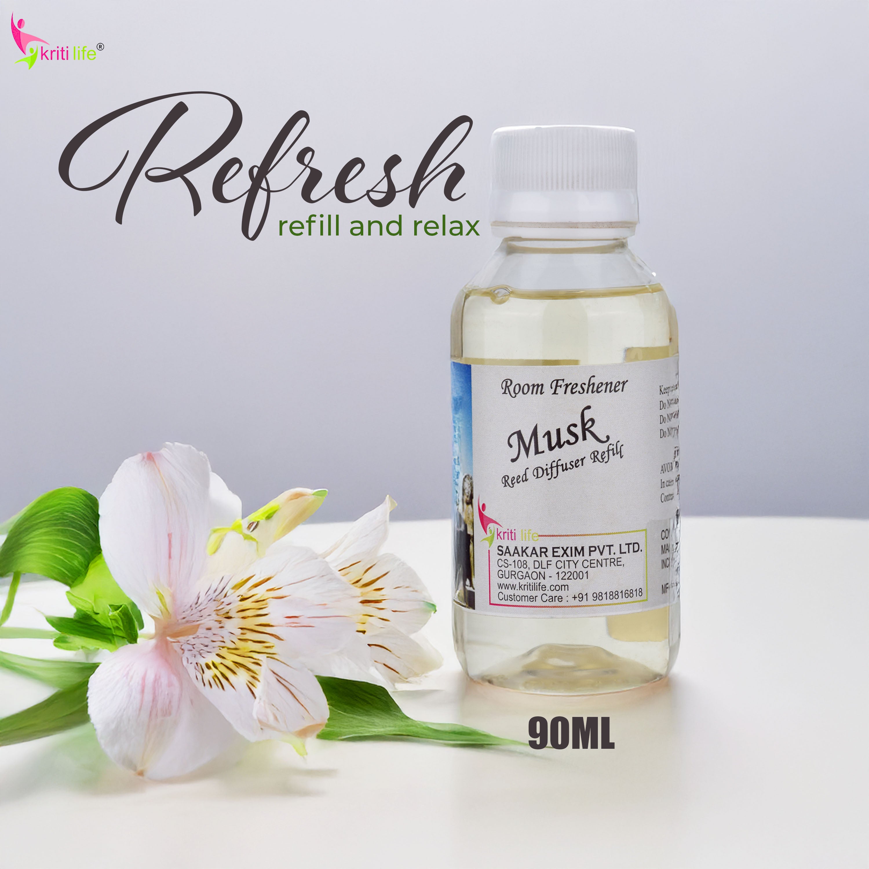 Kriti Life Reed Diffuser Refill - Musk 90ML Long-Lasting Room Fragrance