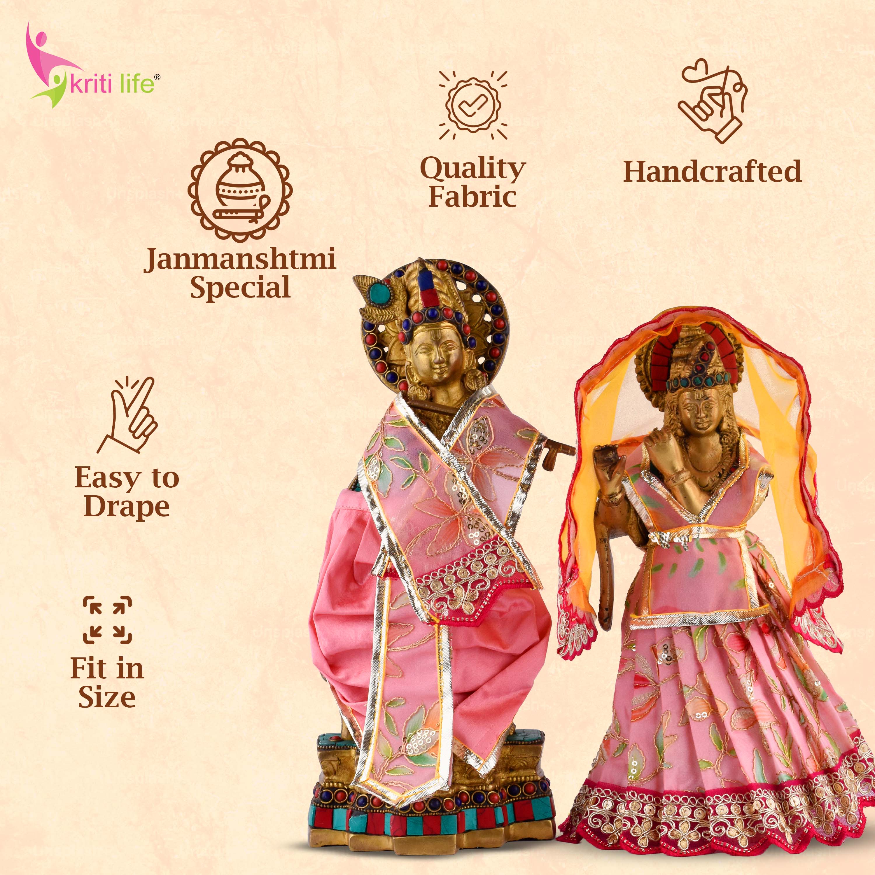 Traditional Radha Krishna Dress Set for 12 Inch Idol – Embroidered Pink Vastra with Dupatta