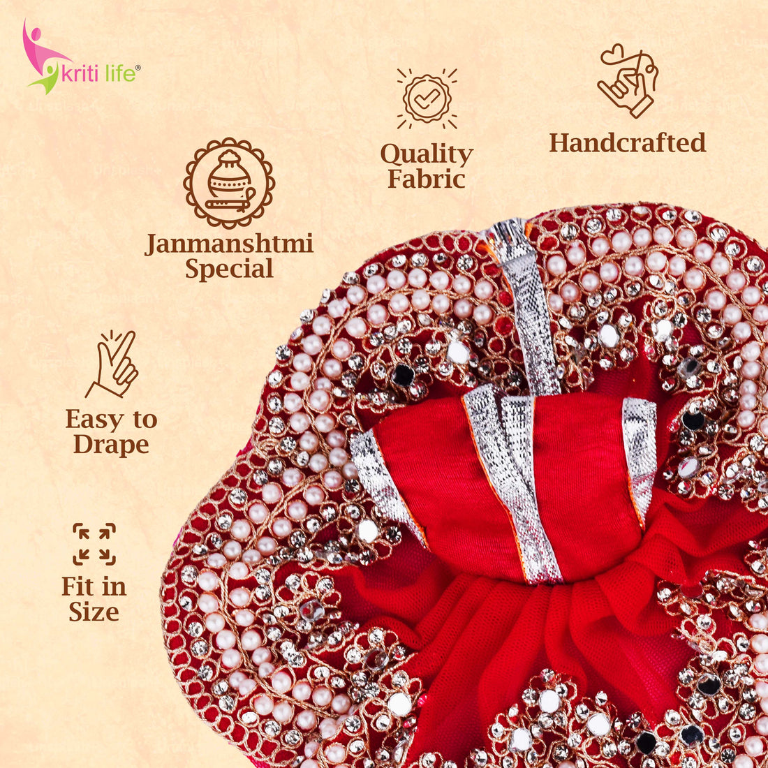 Royal Red Laddu Gopal Dress for 4 Inch Idol – Pearl & Stone Work Designer Poshak