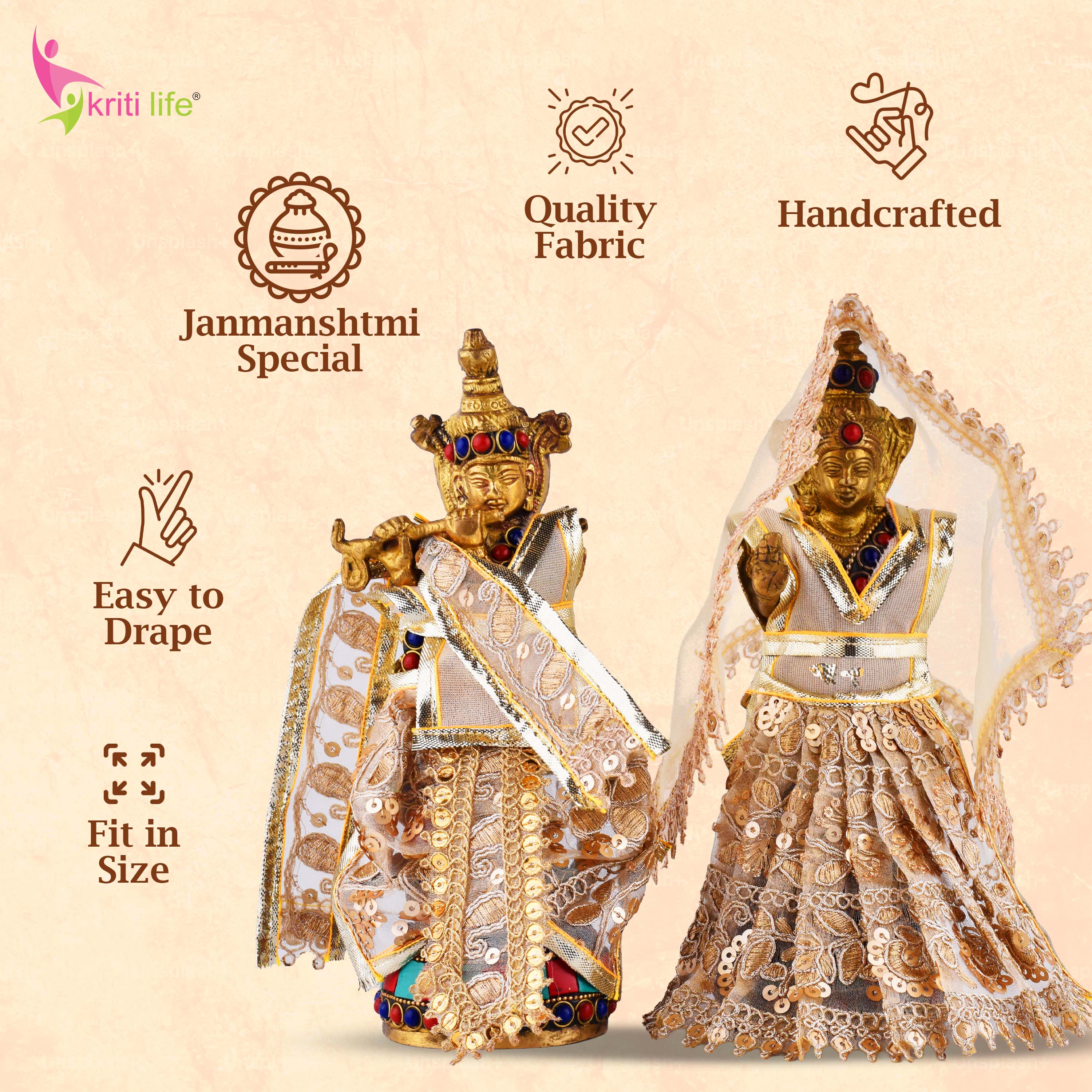 Golden Radha Krishna Dress Set for 7.5 Inch Idol – Traditional Deity Vastra with Embroidery and Sequins