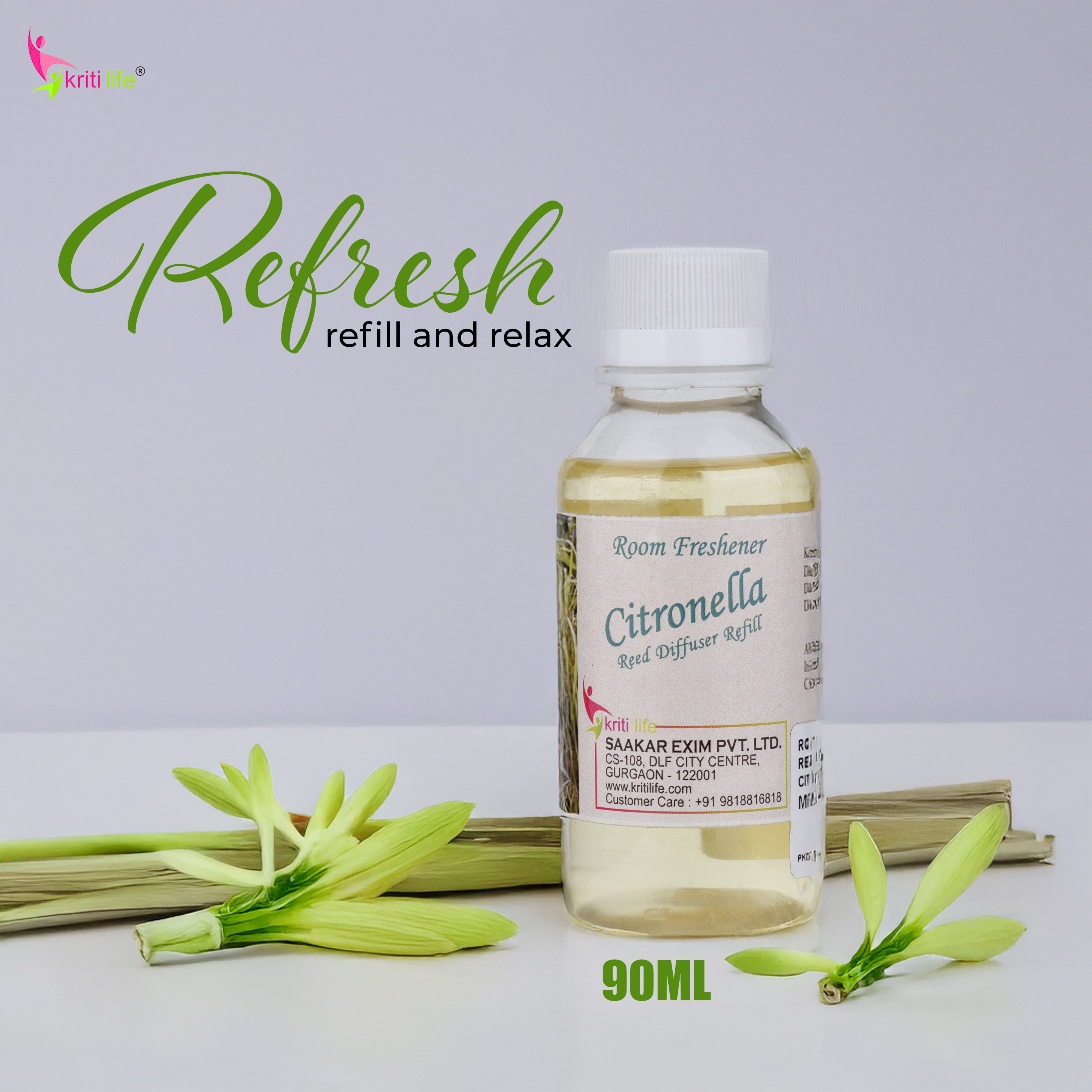 Kriti Life Reed Diffuser Refill - Citronella 90ML Long-Lasting Room Fragrance