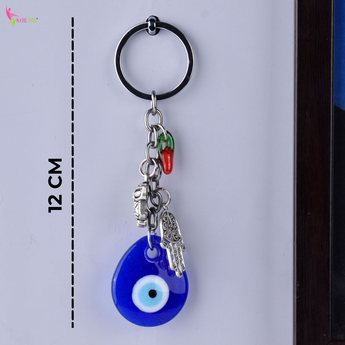 Evil Eye Keychain with Owl, Hamsa & Chilli Charm | Protection from Negativity & Stylish Accessory- 12 cm Hight