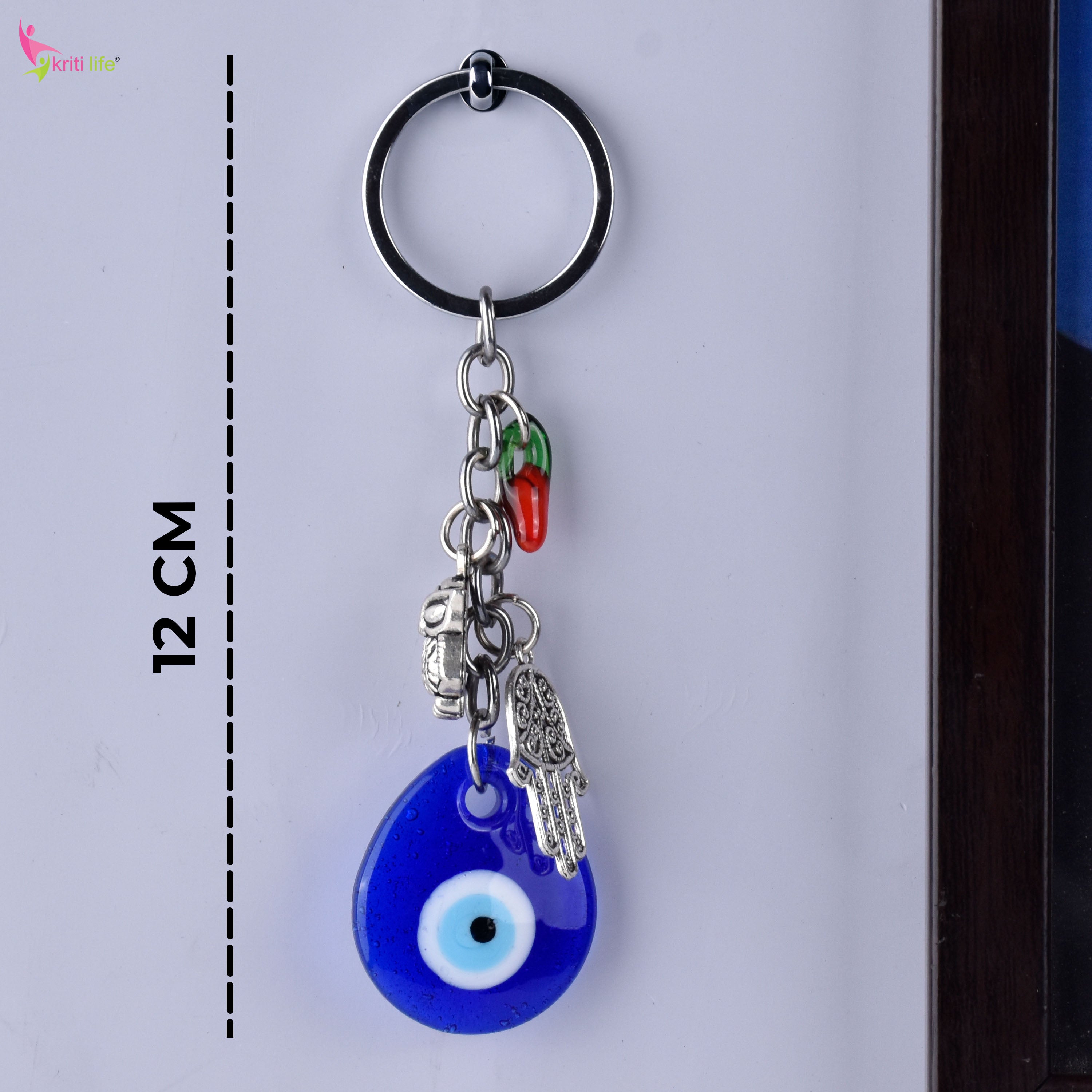 Evil Eye Keychain with Owl, Hamsa & Chilli Charm | Protection from Negativity & Stylish Accessory- 12 cm Hight