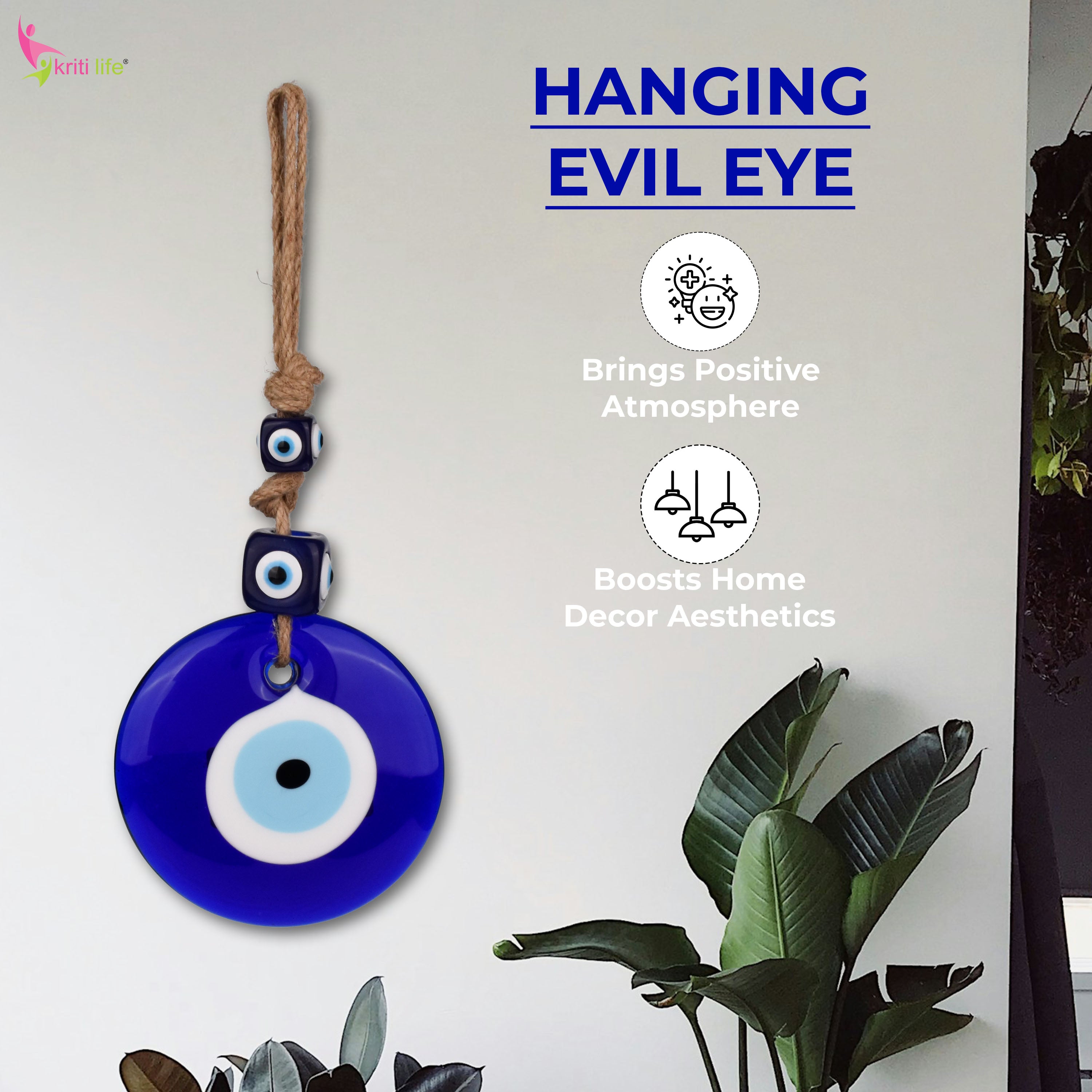 Hanging Evil Eye Protection Charm with Blue Glass Beads & Jute Rope – 26 cm Hight
