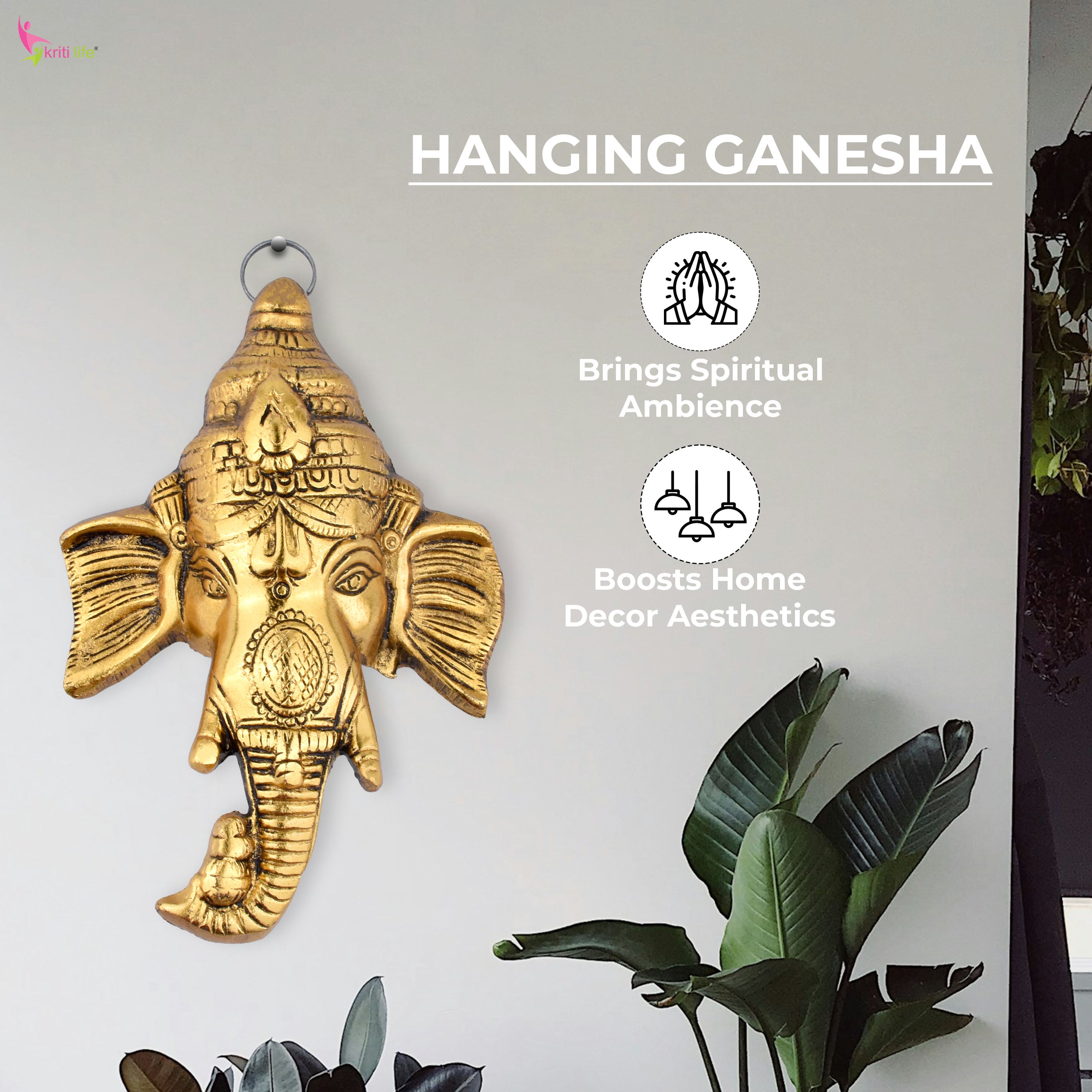 Brass Ganesha Wall Mount | Ethnic Ganpati Face for Home & Office Decor- 7 inches