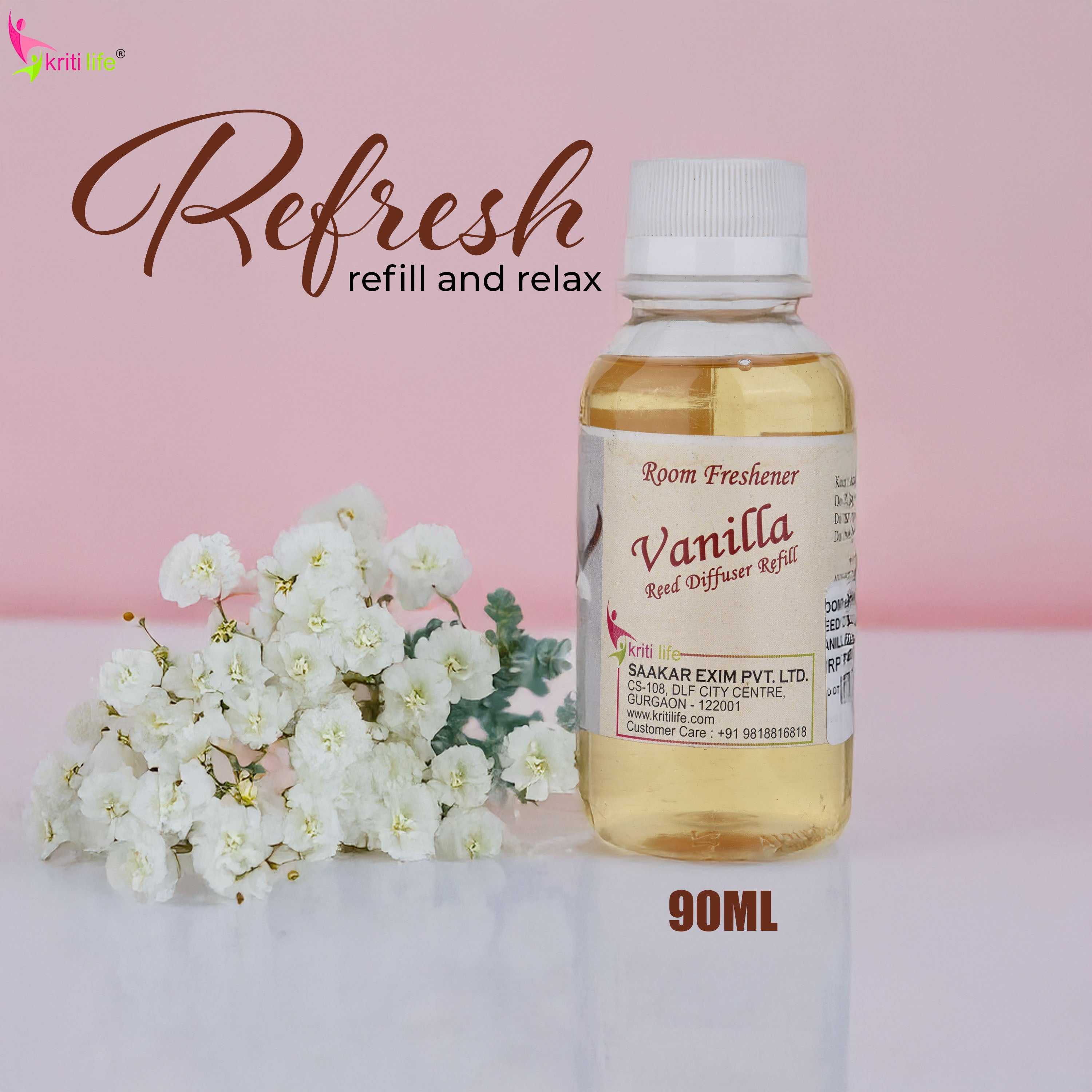 Kriti Life Reed Diffuser Refill - Vanilla 90ML Long-Lasting Room Fragrance