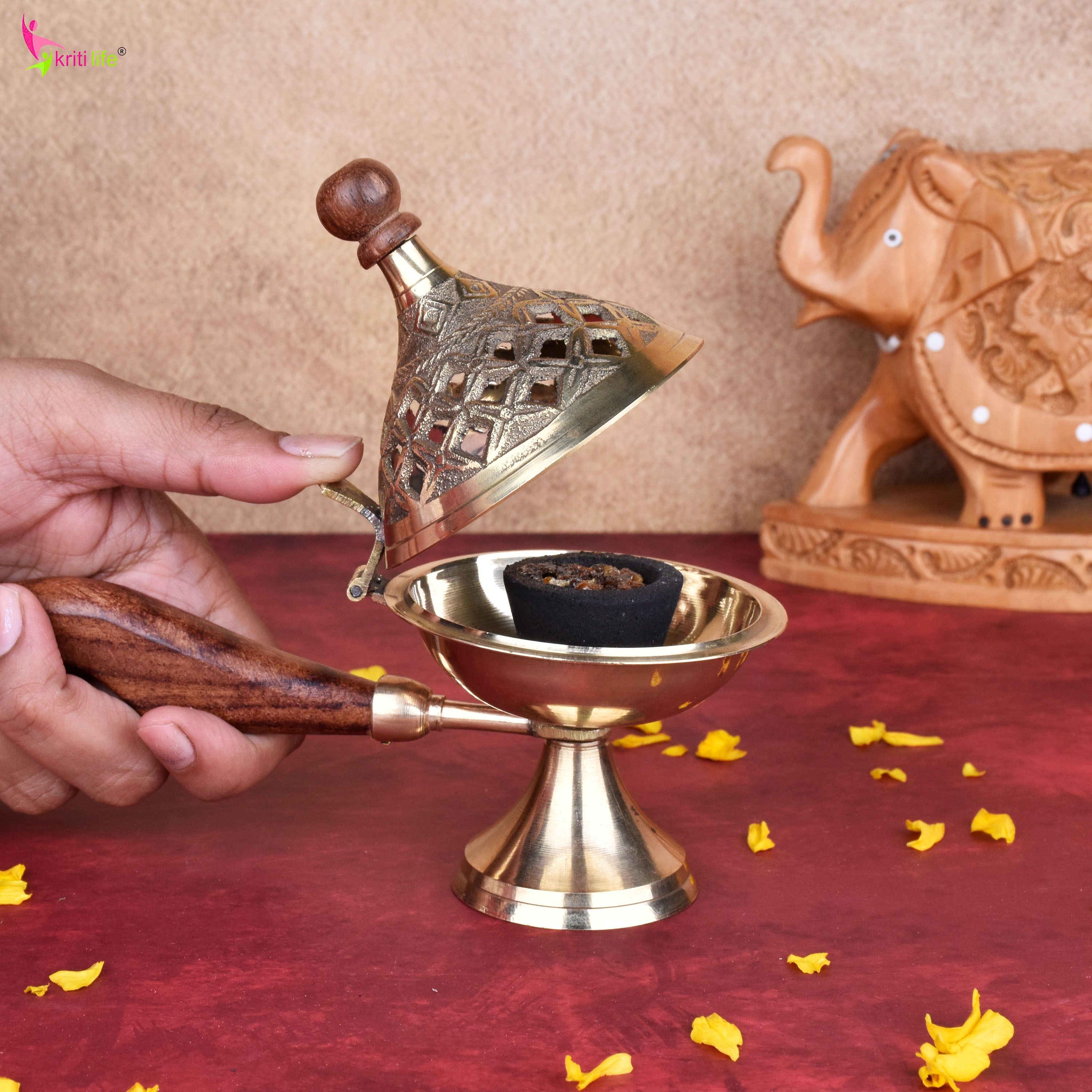 Brass Dhupiya with Wooden Handle | Traditional Jaali Dhoop Burner- 4.5 inches for Pooja
