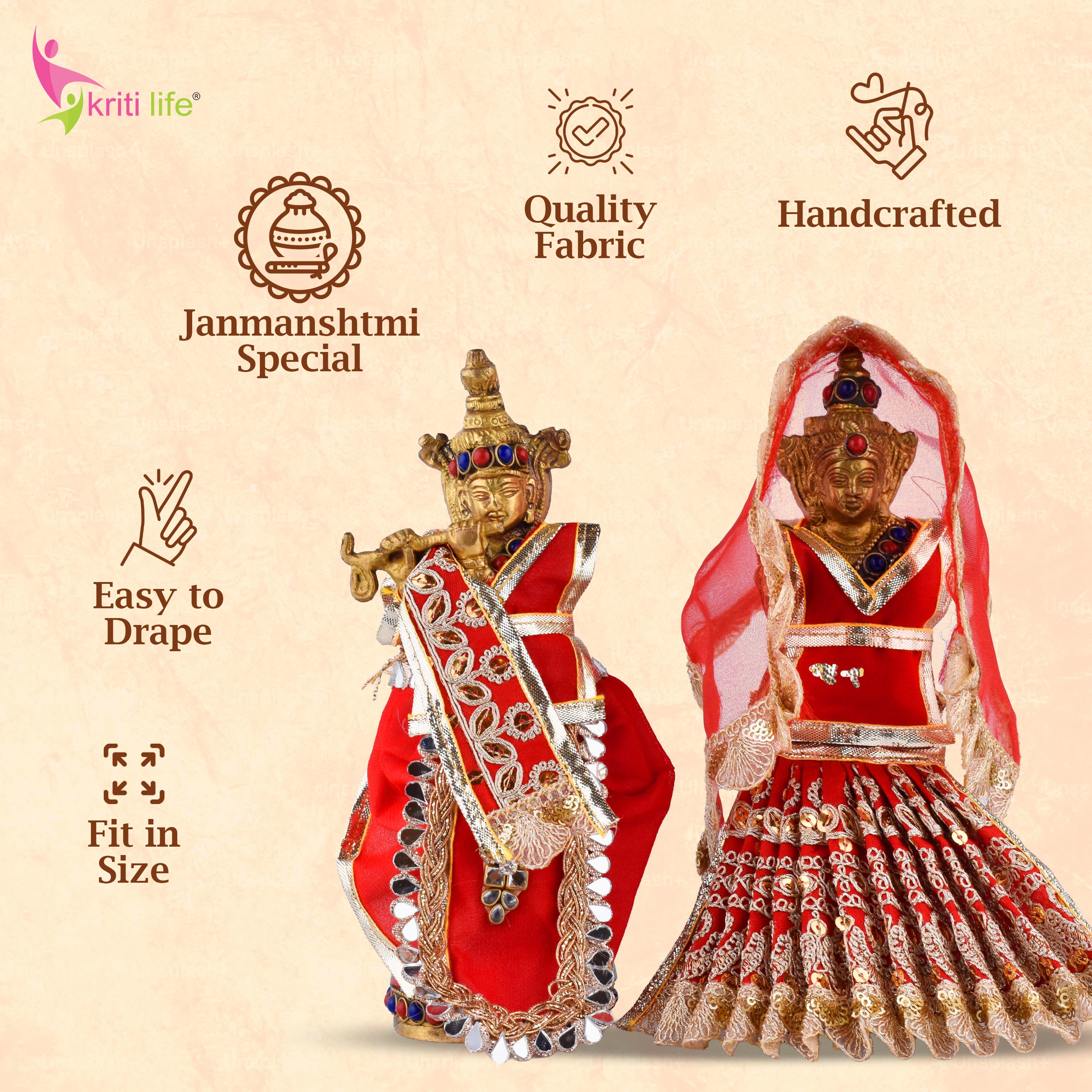 Red Radha Krishna Dress Set for 7.5 Inch Idol – Traditional Embroidered Vastra with Golden Lace