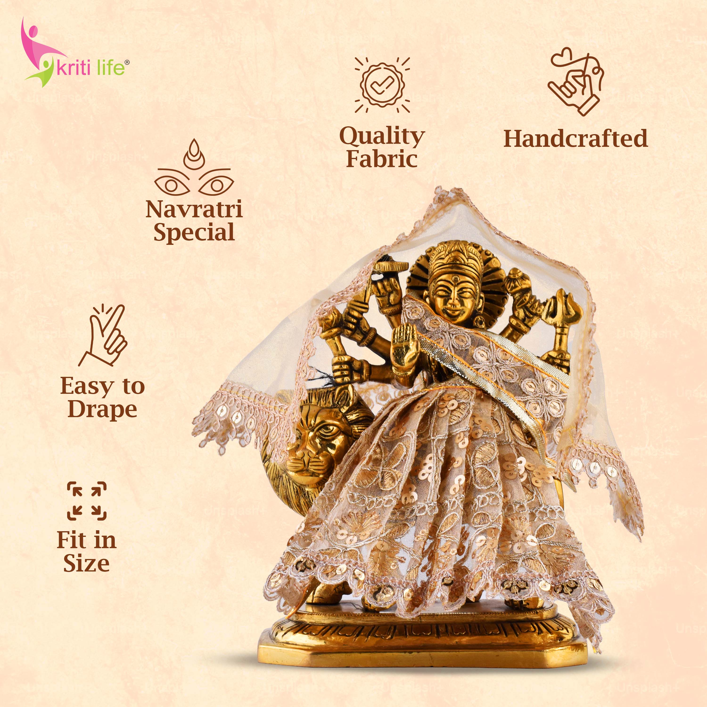 Golden Embroidered Mata Durga Dress for 7-Inch Idol | Traditional Lehenga Choli Set