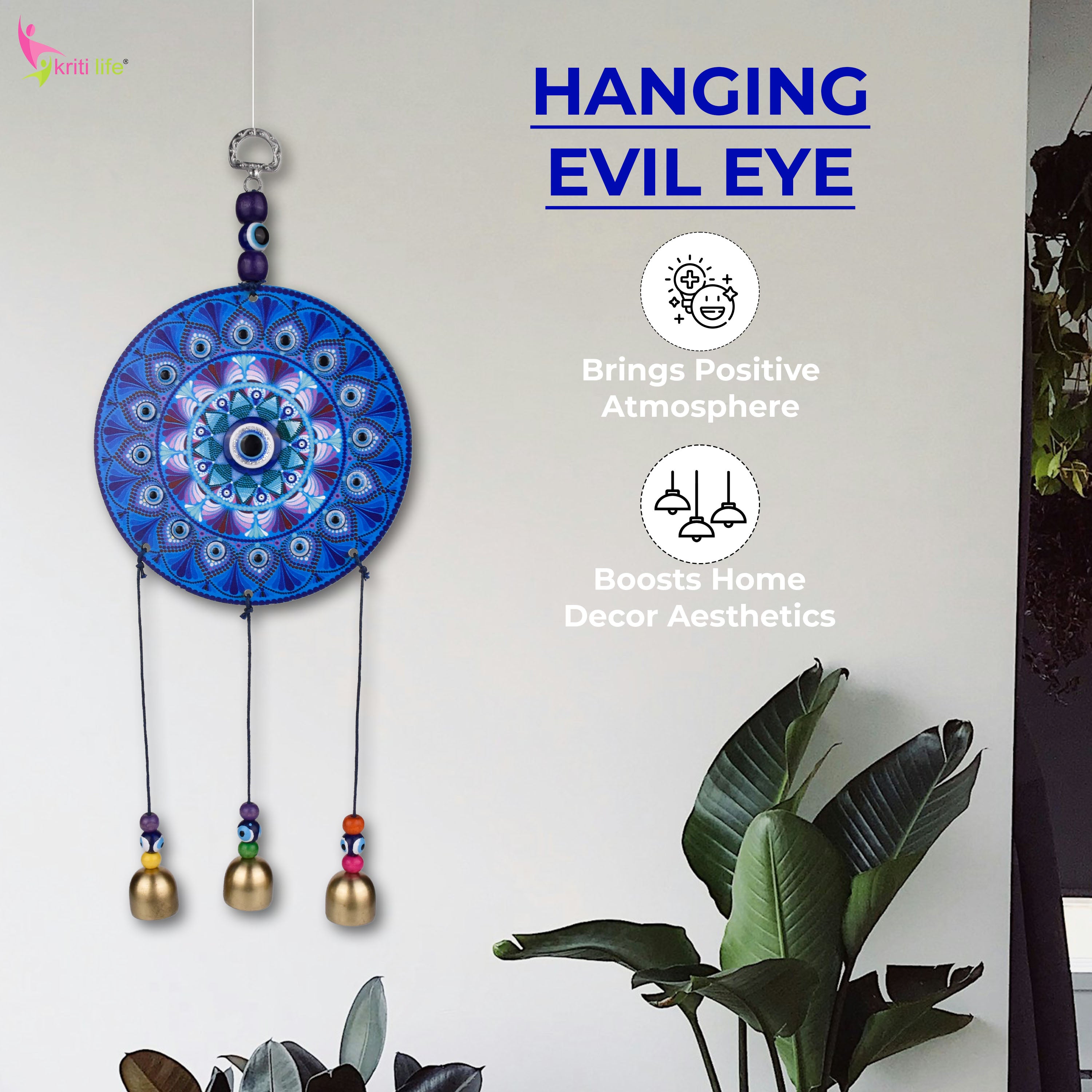 Hanging Evil Eye Wall Decor with Bells | Nazar Suraksha Totem for Home & Office- 30 cm Hight
