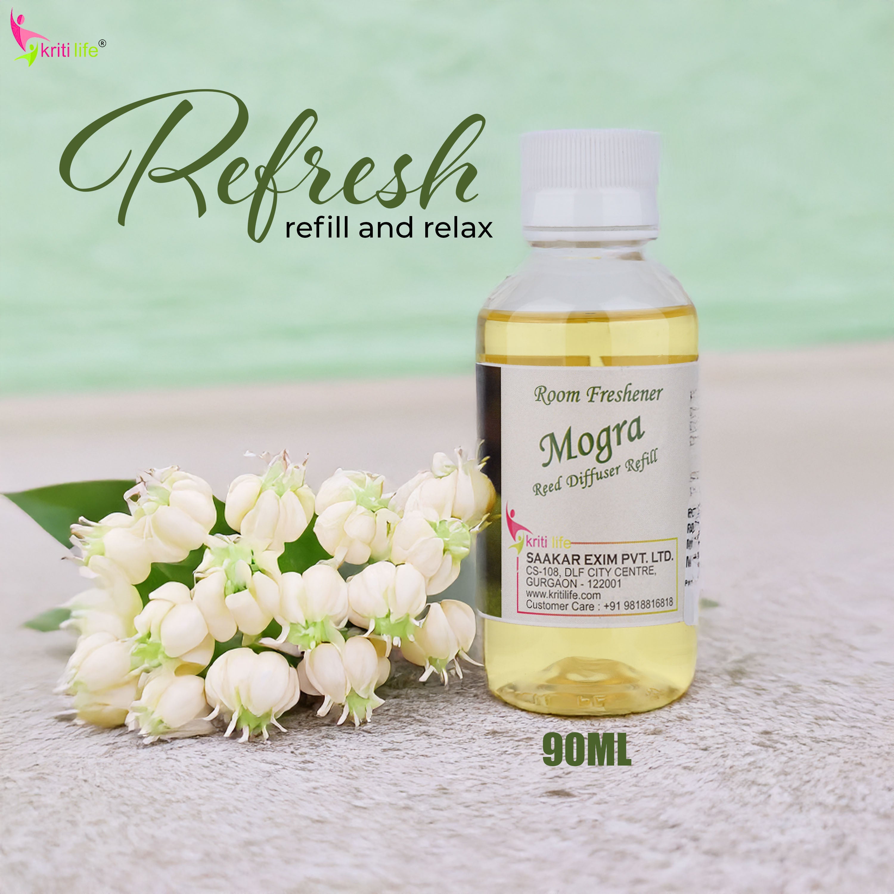 Kriti Life Reed Diffuser Refill - Mogra 90ML Long-Lasting Room Fragrance