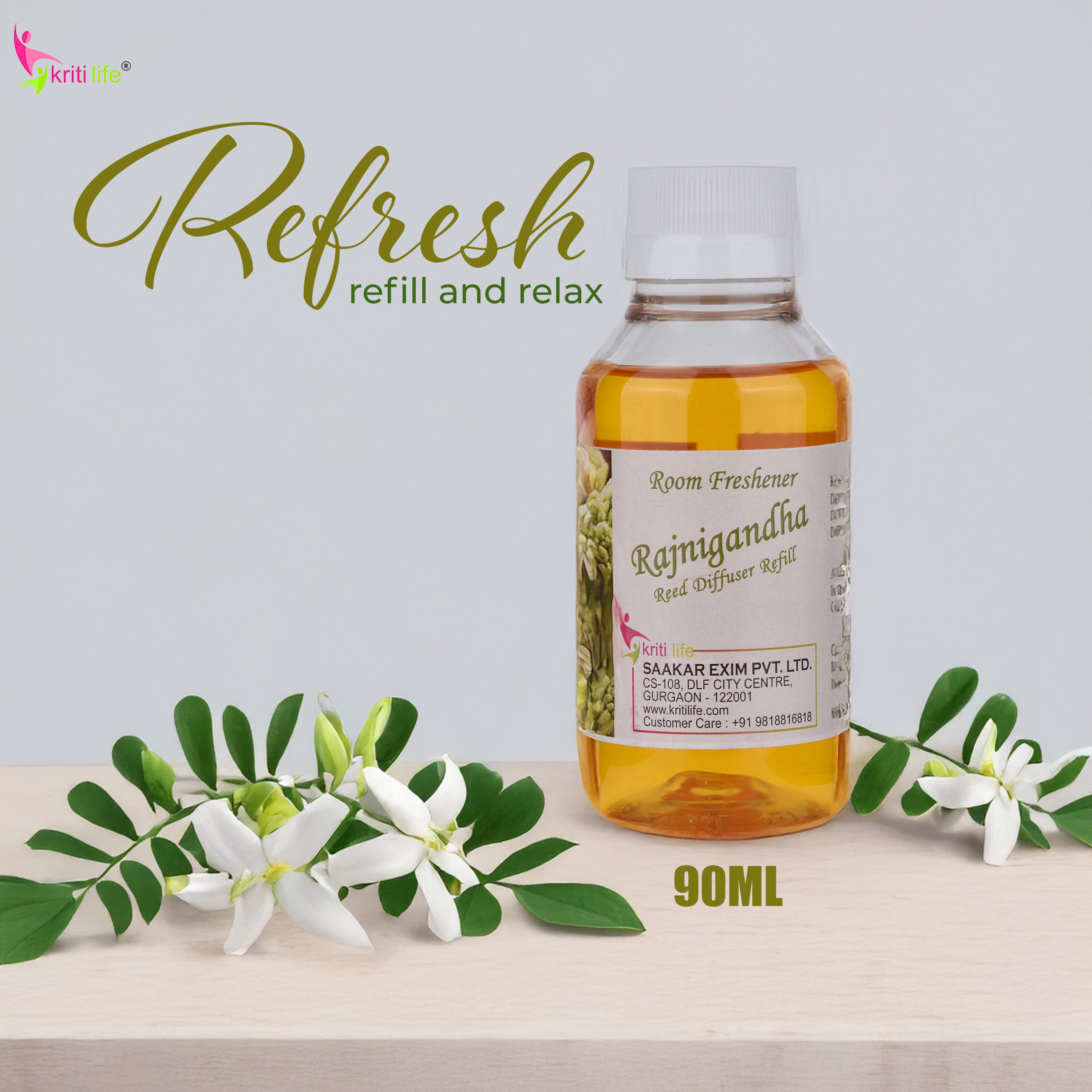 Kriti Life Reed Diffuser Refill - Rajni Gandha 90ML Long-Lasting Room Fragrance